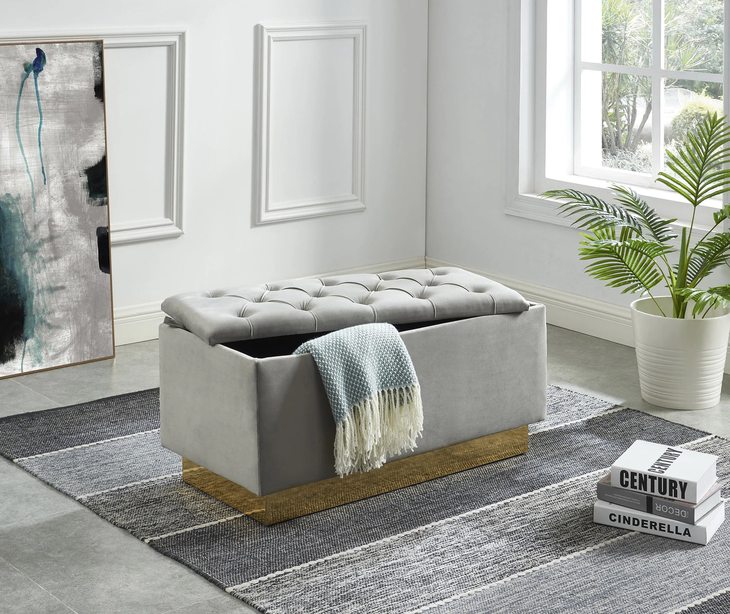 Black Rectangular Bench with Gold PU Base & Storage