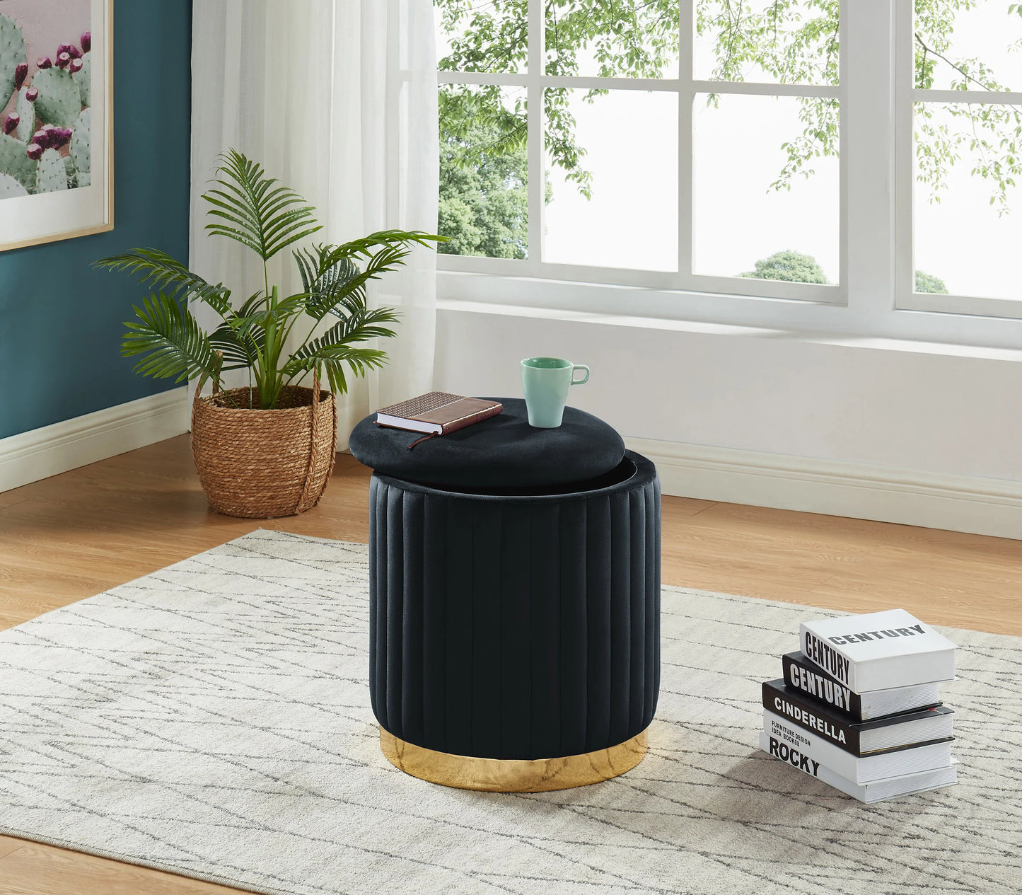 Round Storage Ottoman Gold PU Base Comes in Black, Blue, Grey, or Purple Velvet