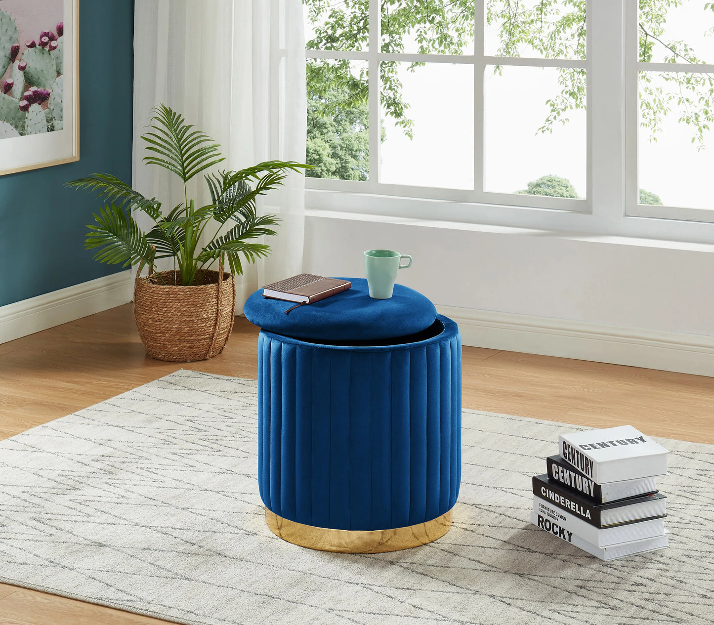 Round Storage Ottoman Gold PU Base Comes in Black, Blue, Grey, or Purple Velvet