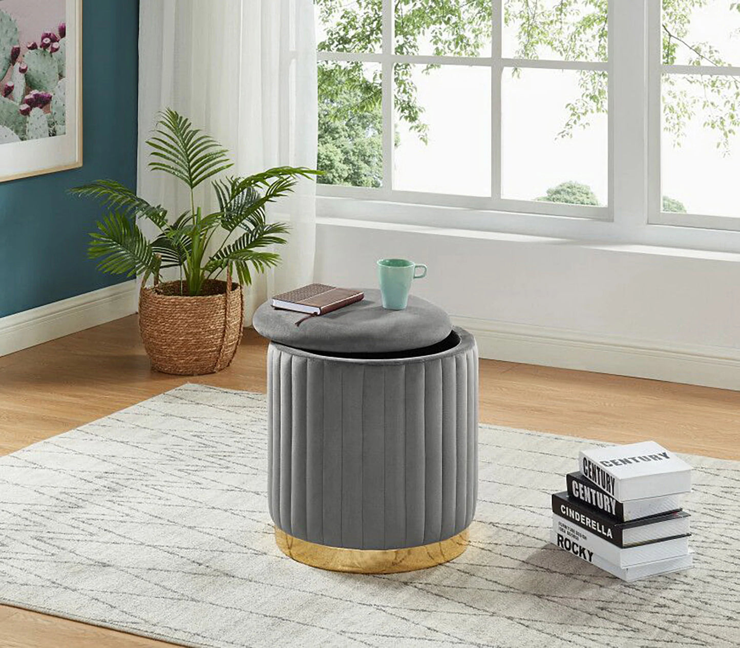 Round Storage Ottoman Gold PU Base Comes in Black, Blue, Grey, or Purple Velvet