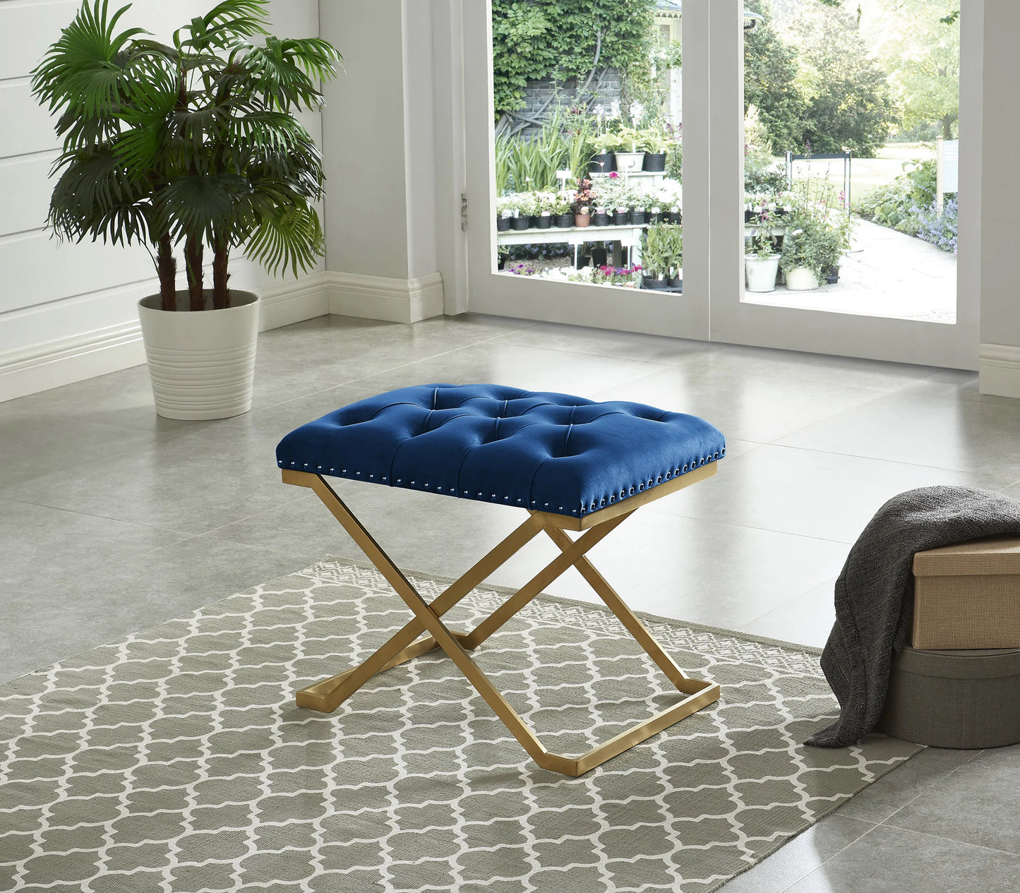 Upholstered Chair-Bench with Nailhead Trim and Gold Colored Legs