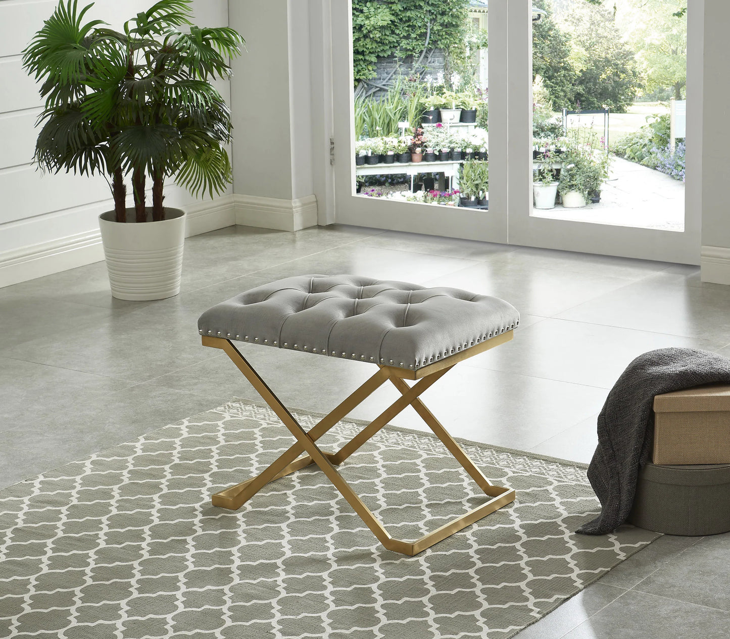 Upholstered Chair-Bench with Nailhead Trim and Gold Colored Legs