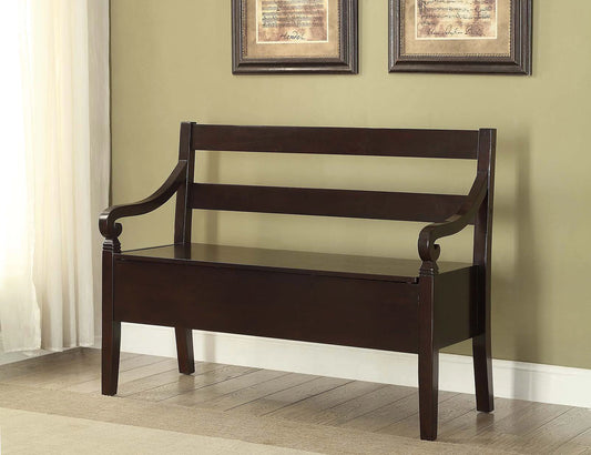 Espresso finish Wooden Arm Bench with Storage - GracePalaceFurniture