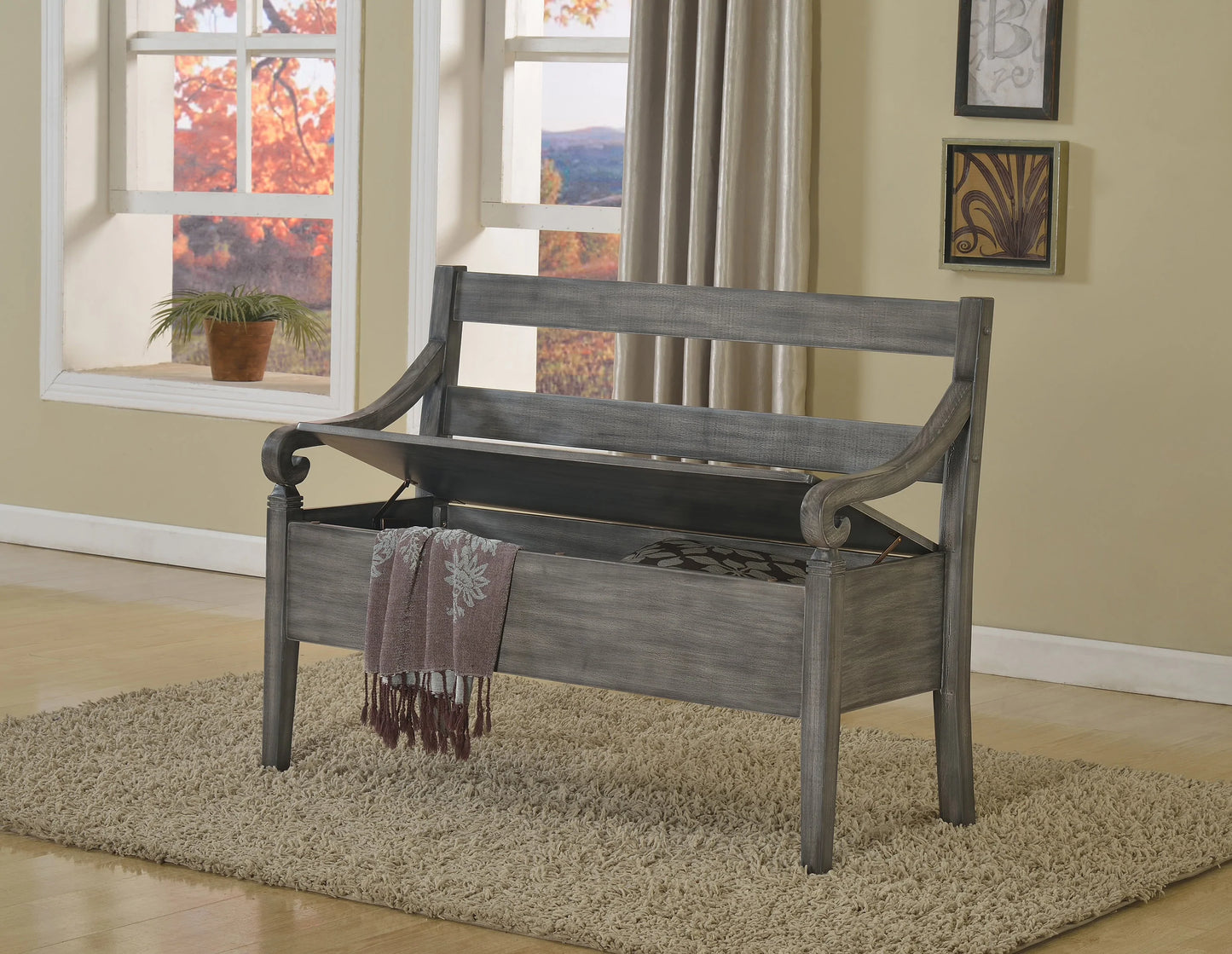 Espresso finish Wooden Arm Bench with Storage - GracePalaceFurniture