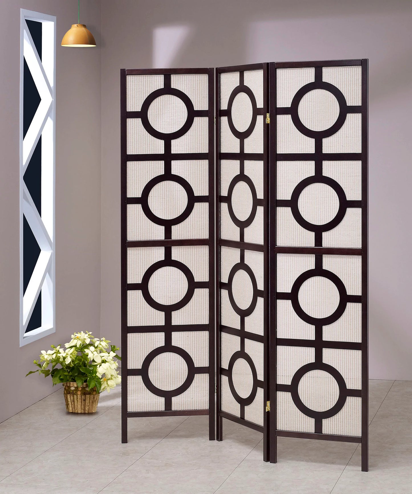 3/4 Panel Wood Screen Circle Design with Jute Inlay Black - GracePalaceFurniture