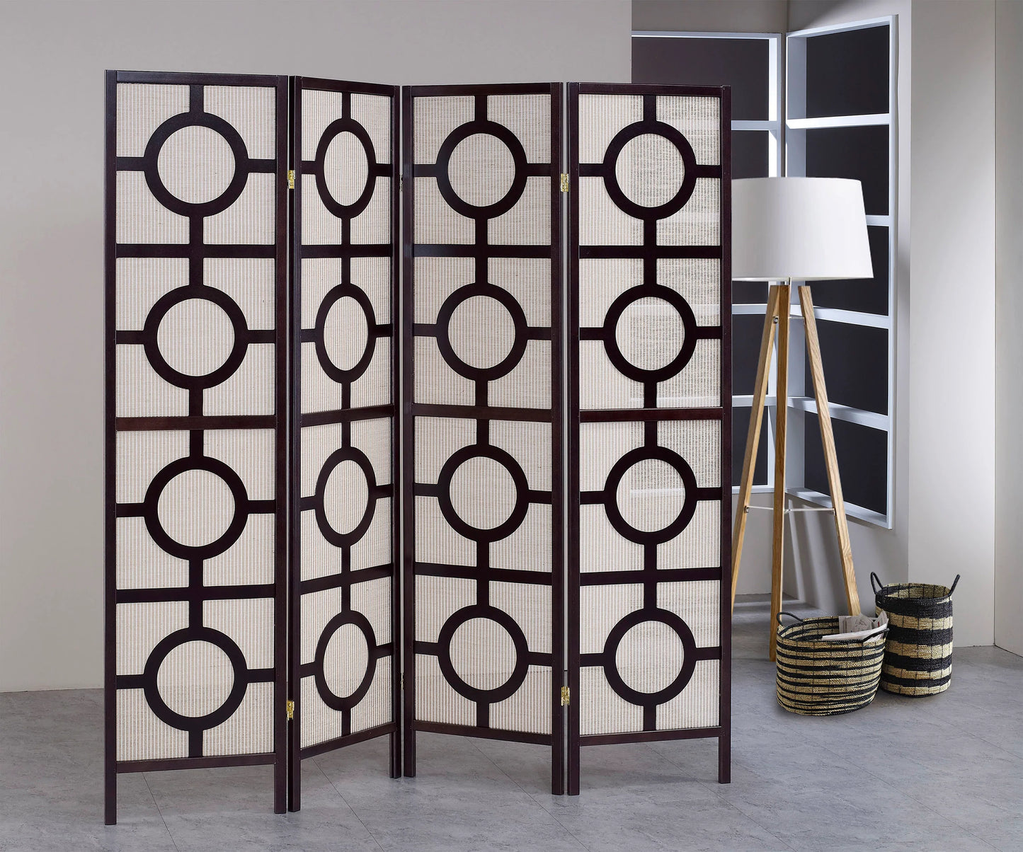 3/4 Panel Wood Screen Circle Design with Jute Inlay Black - GracePalaceFurniture