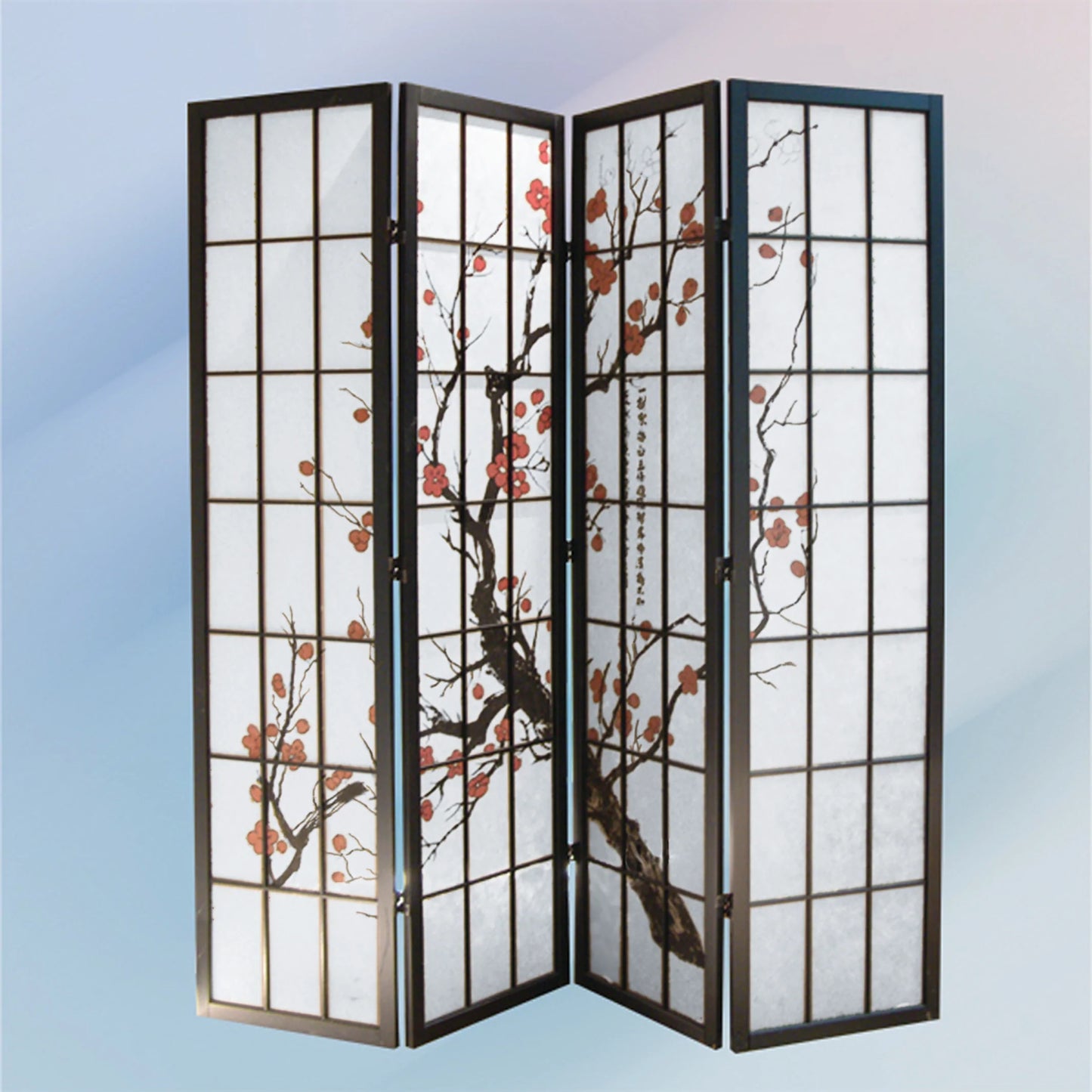 4 Panel Shoji Screen Plum Blossom Black - GracePalaceFurniture