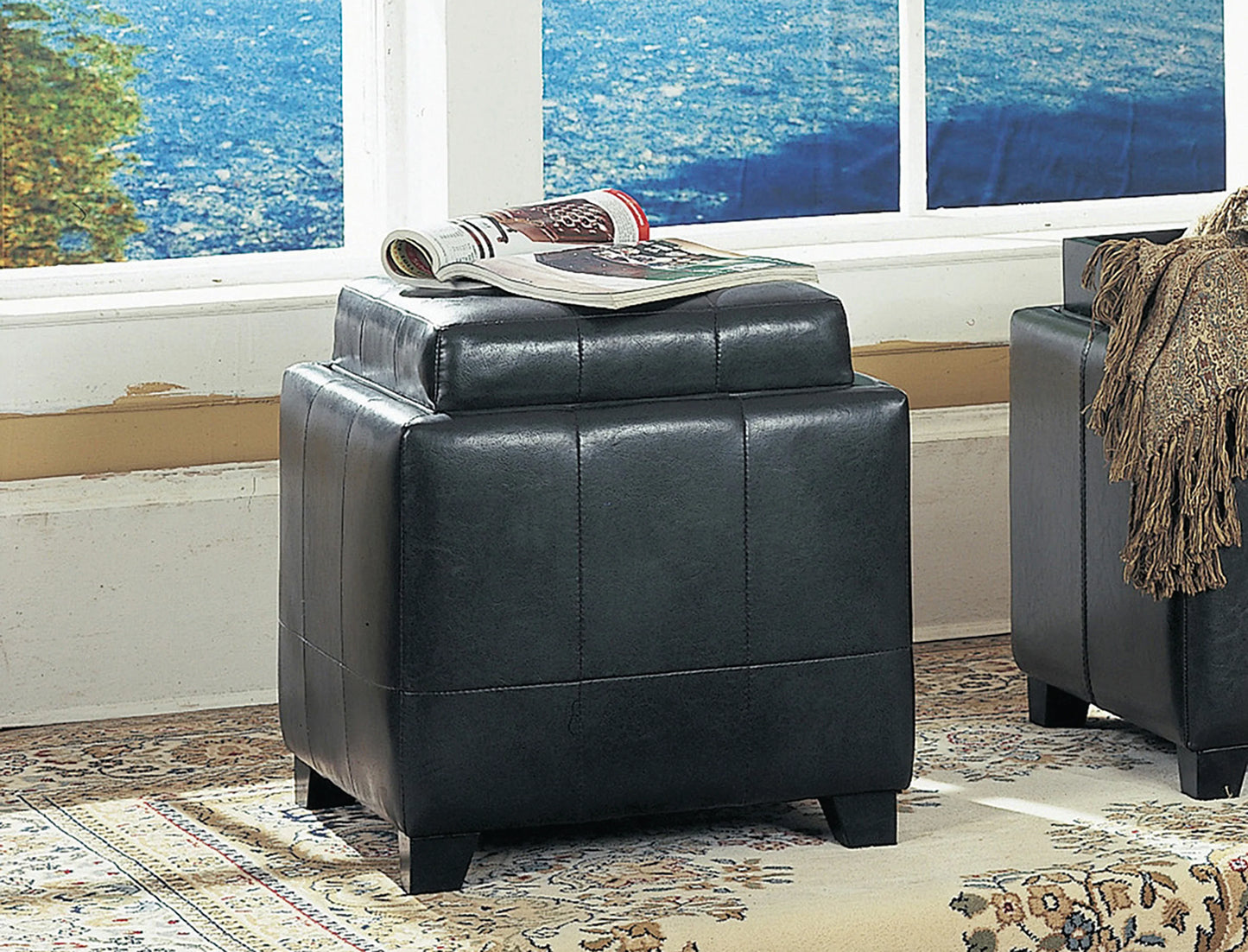 1 Tray Storage Ottoman Black PU - GracePalaceFurniture