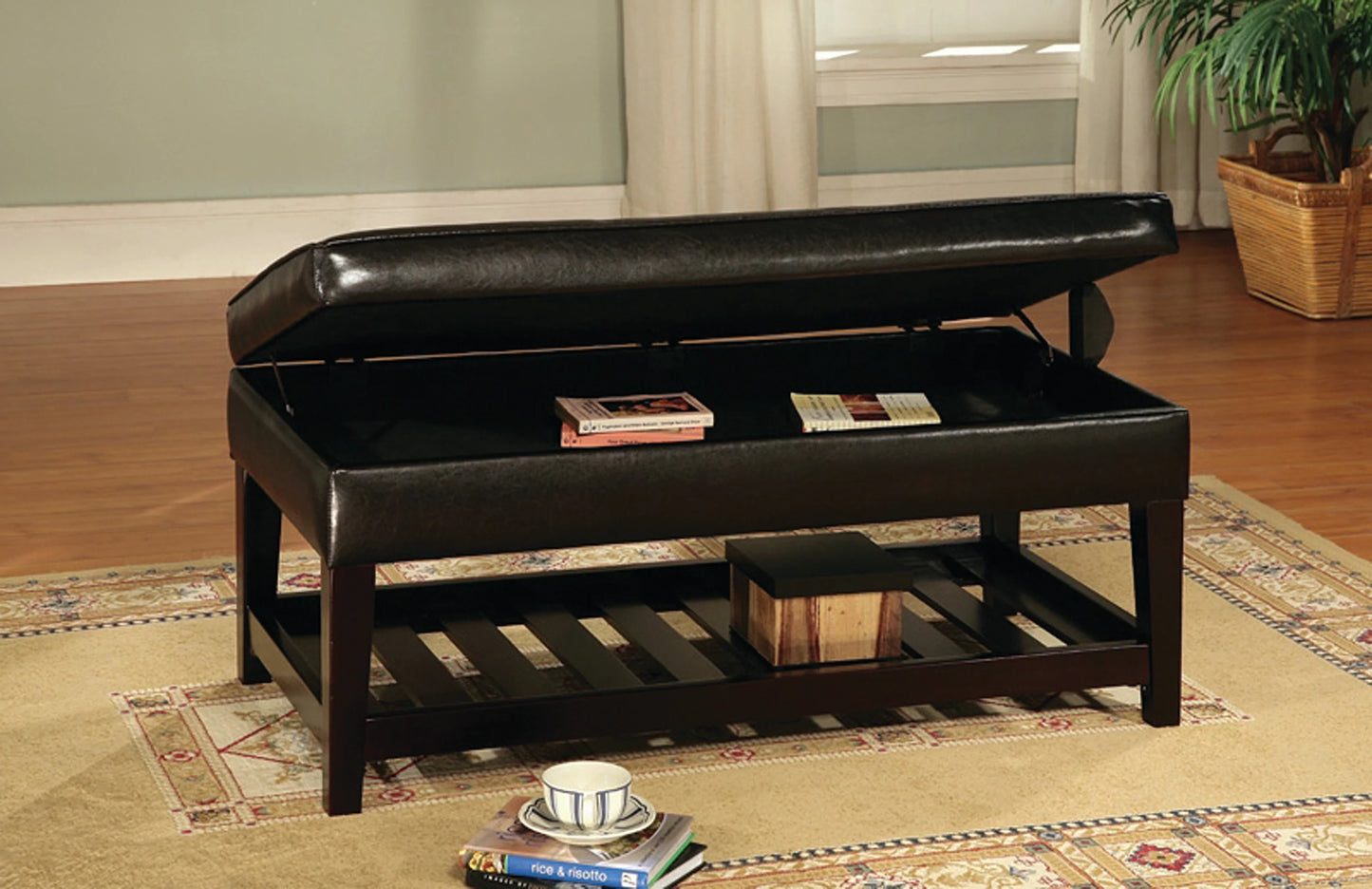 Espresso finish wood bedroom bench with upholstered seat and flip top storage and lower shelf - GracePalaceFurniture