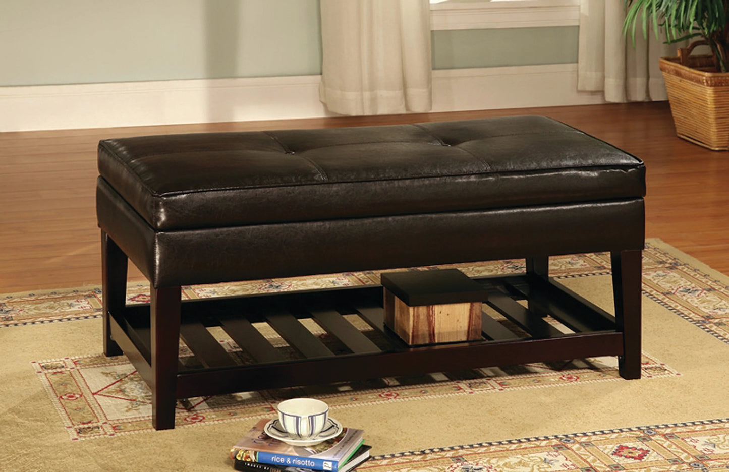 Espresso finish wood bedroom bench with upholstered seat and flip top storage and lower shelf - GracePalaceFurniture