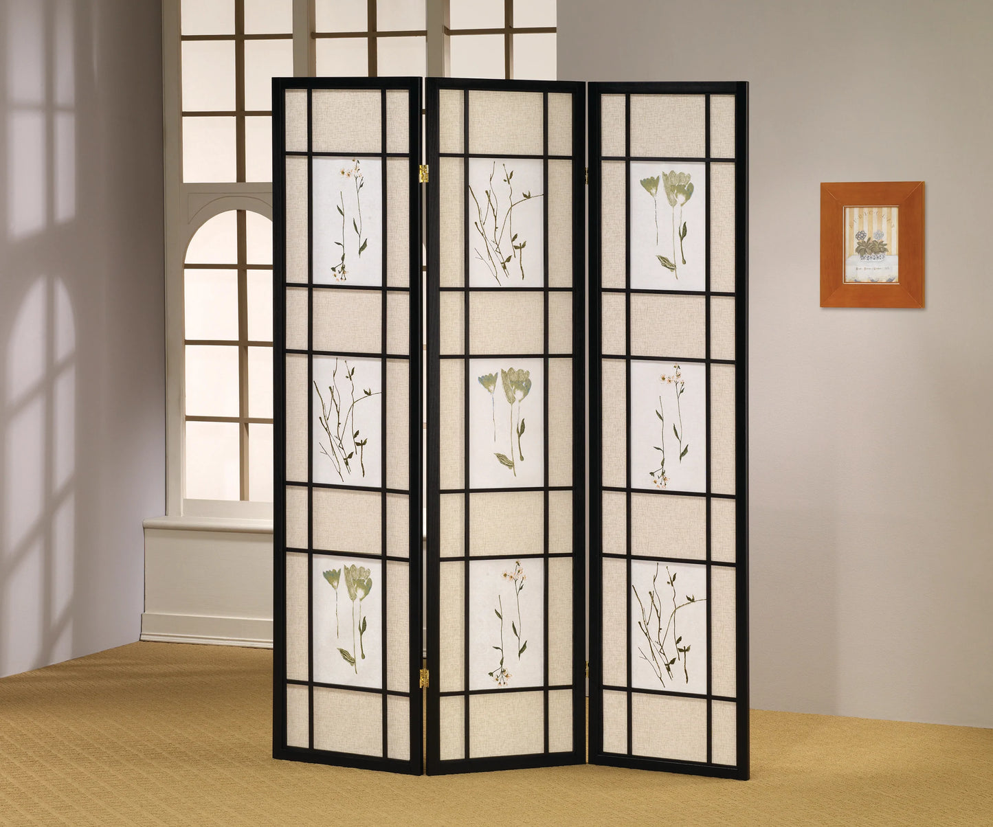 3/4 Panel Shoji Screen Floral Prints Black - GracePalaceFurniture