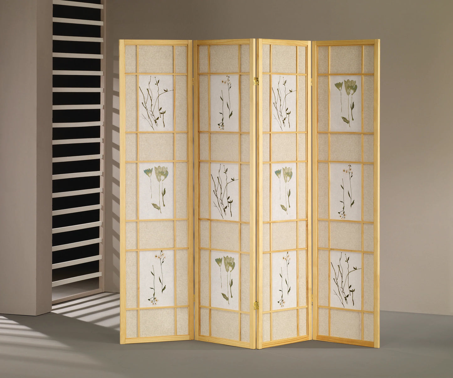 3/4 Panel Shoji Screen Floral Prints Natural - GracePalaceFurniture