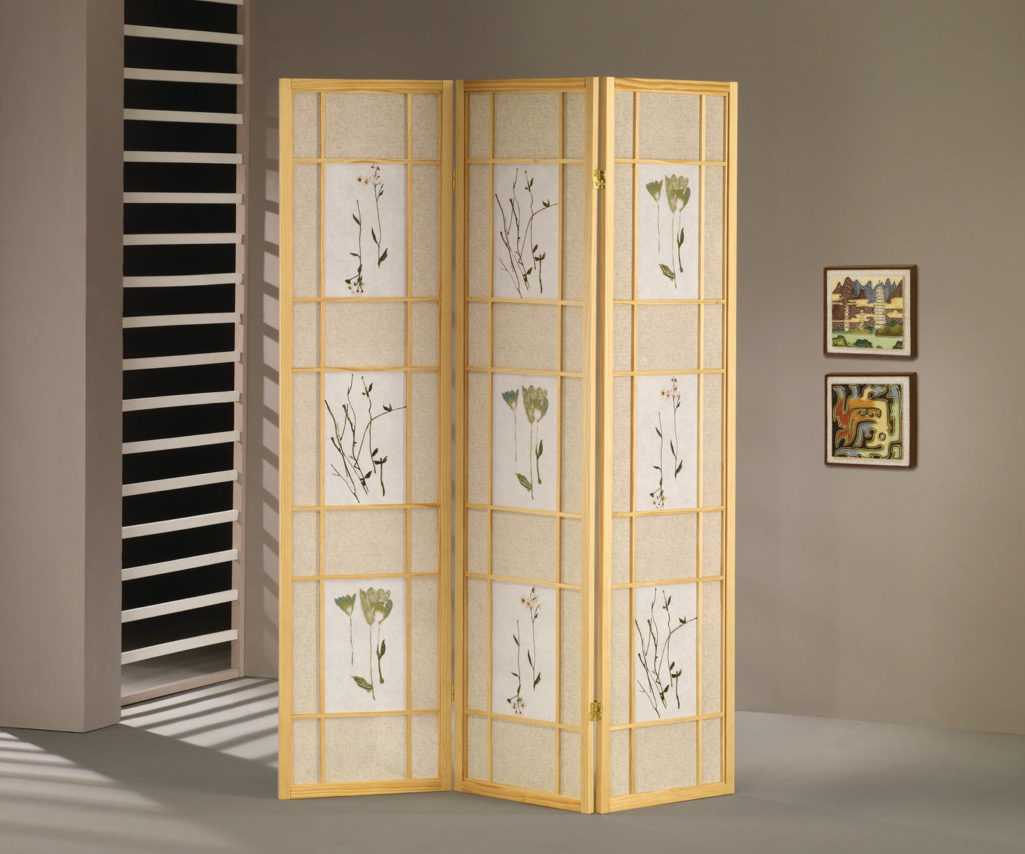 3/4 Panel Shoji Screen Floral Prints Natural - GracePalaceFurniture