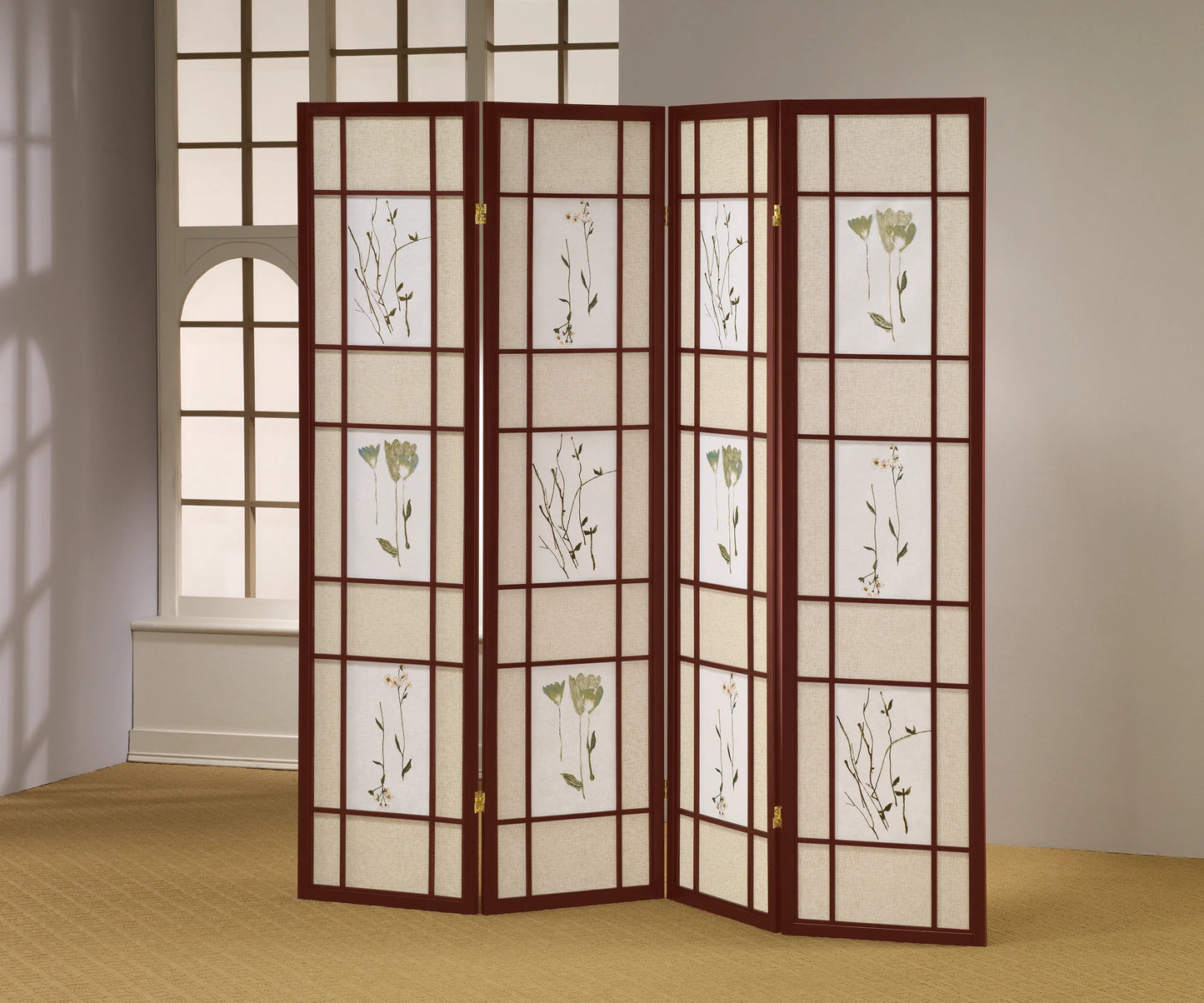 3/4 Panel Shoji Screen Floral Prints Cherry - GracePalaceFurniture