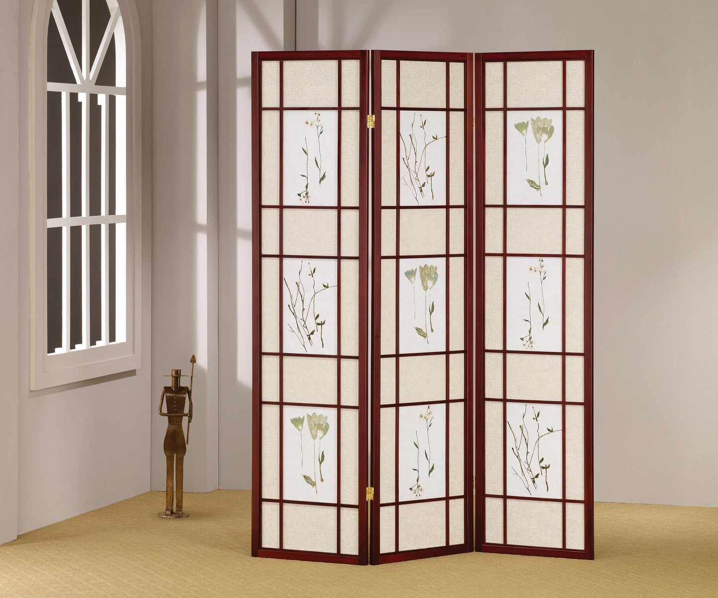 3/4 Panel Shoji Screen Floral Prints Cherry - GracePalaceFurniture