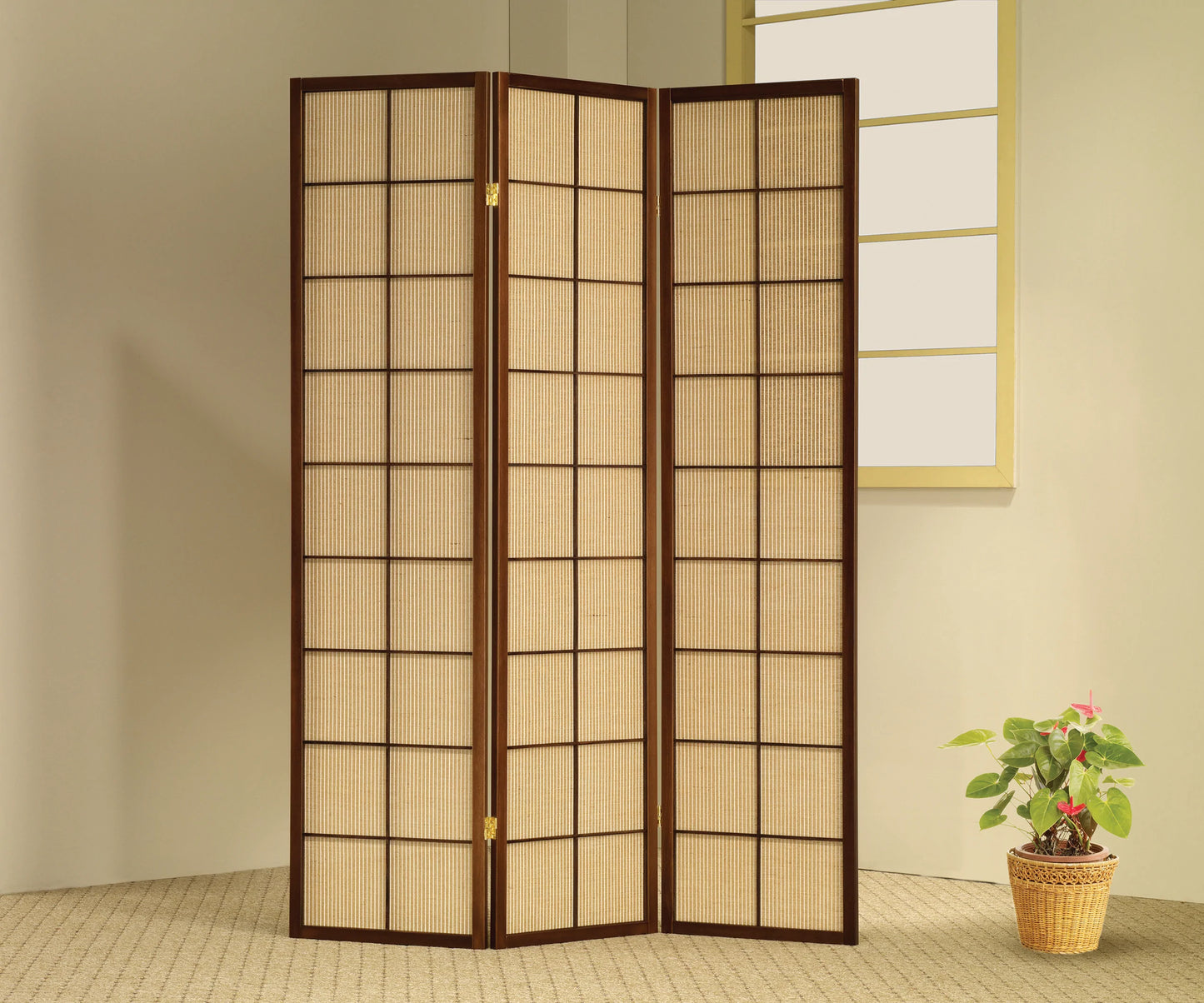 3/4 Panel Wood Screen Jute Inlay Cherry - GracePalaceFurniture