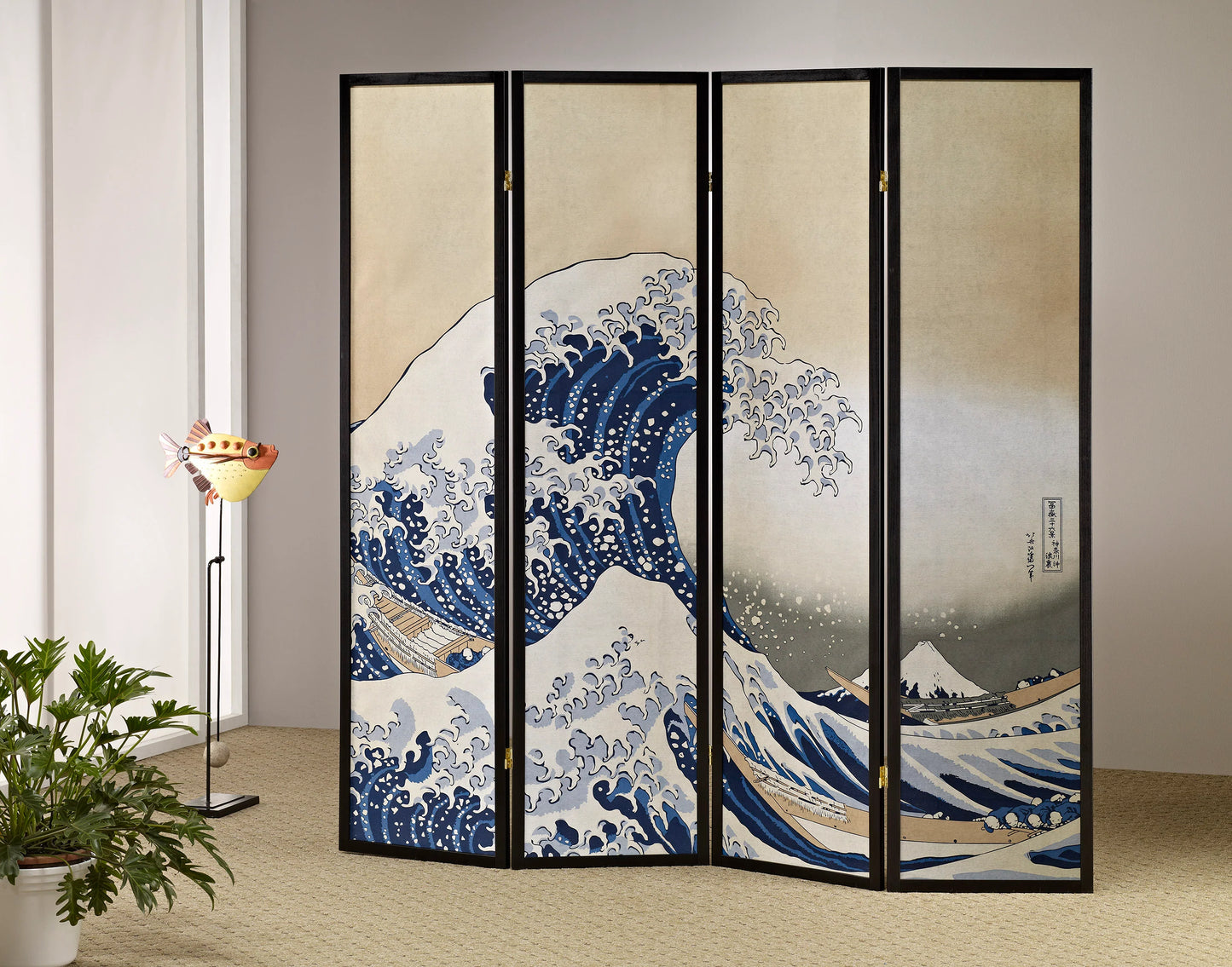 4 Panel Room Divider Great Wave Black - GracePalaceFurniture