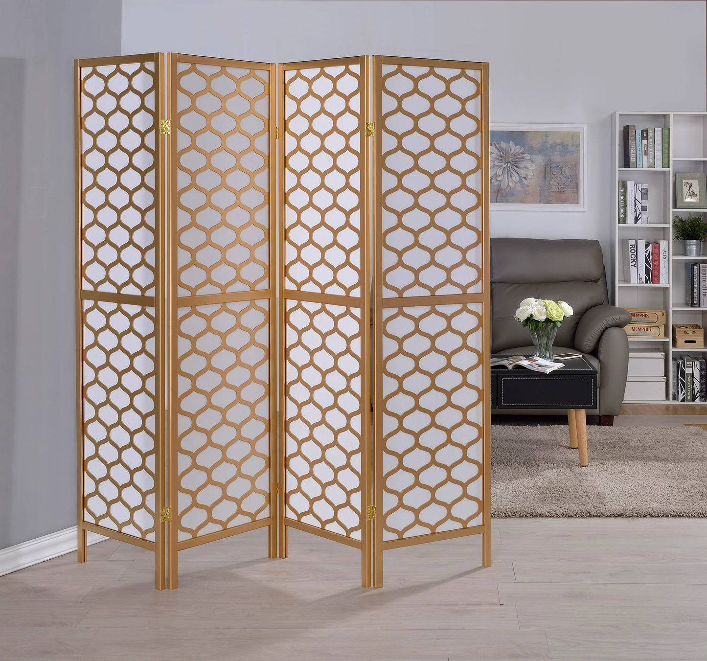 3/4 Panel Wood Screen Gold Pattern - GracePalaceFurniture