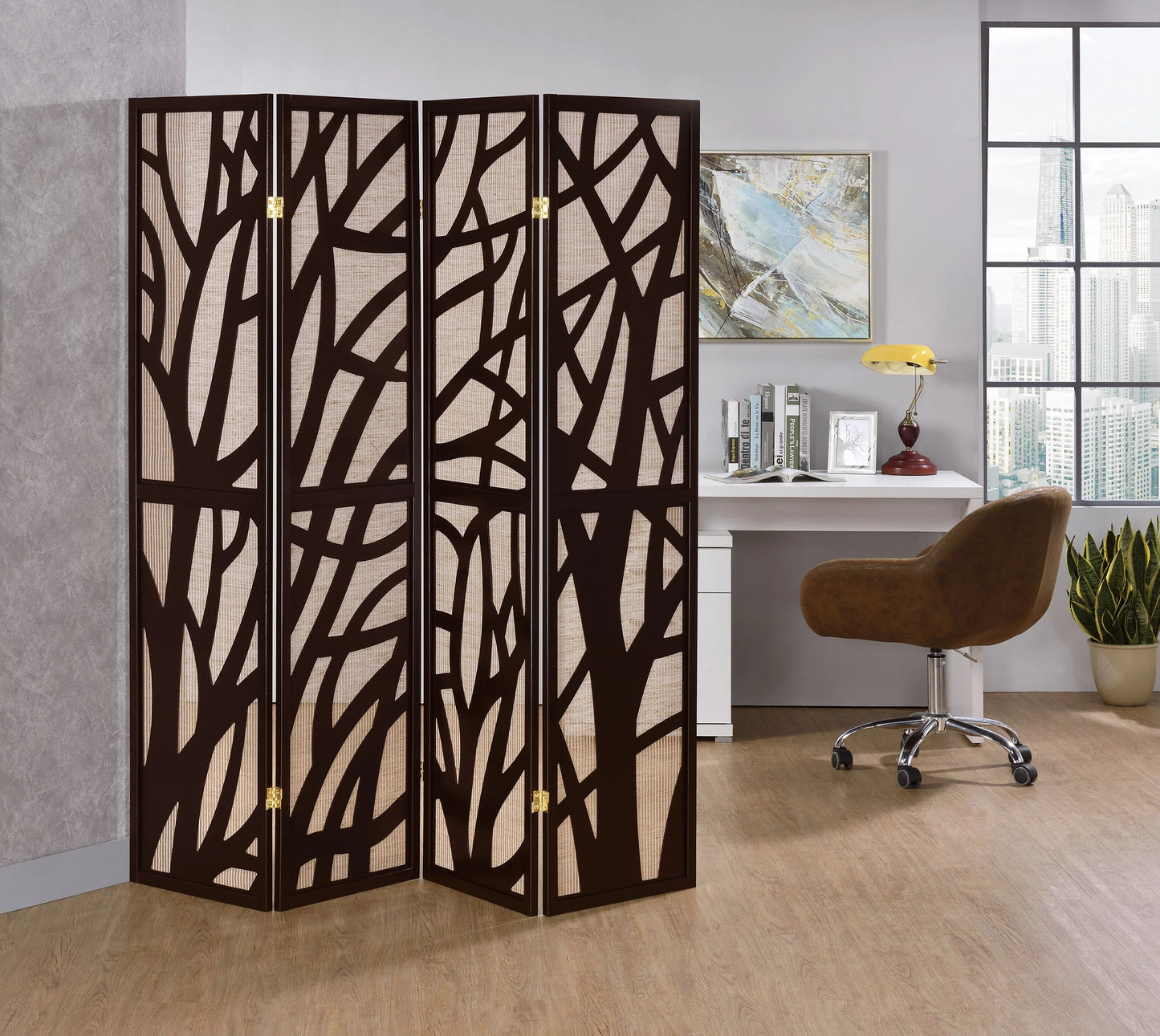 4 Panel Screen Tree Design with Jute Inlay Espresso - GracePalaceFurniture
