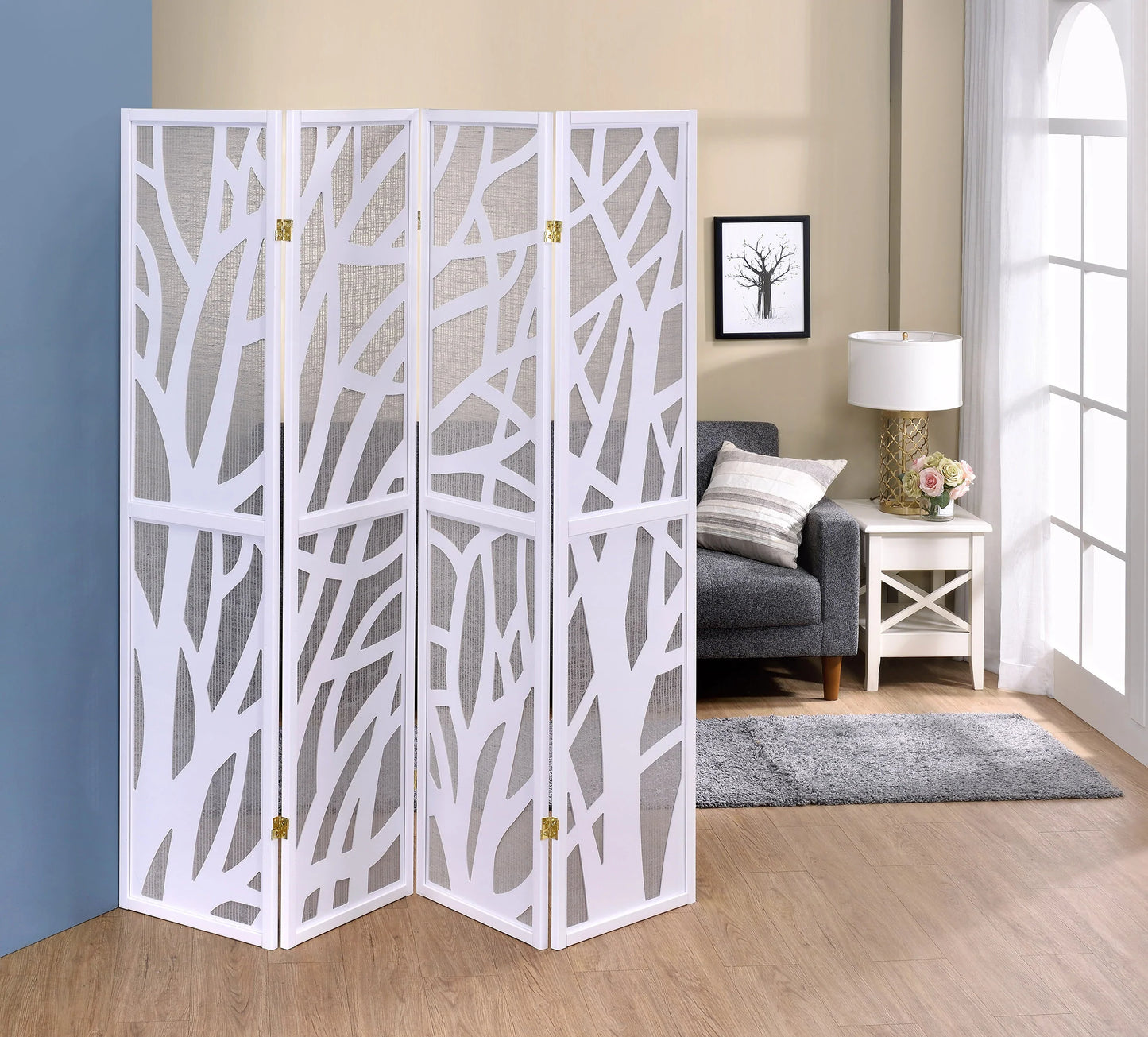 4 Panel Screen Tree Design with Jute Inlay White - GracePalaceFurniture