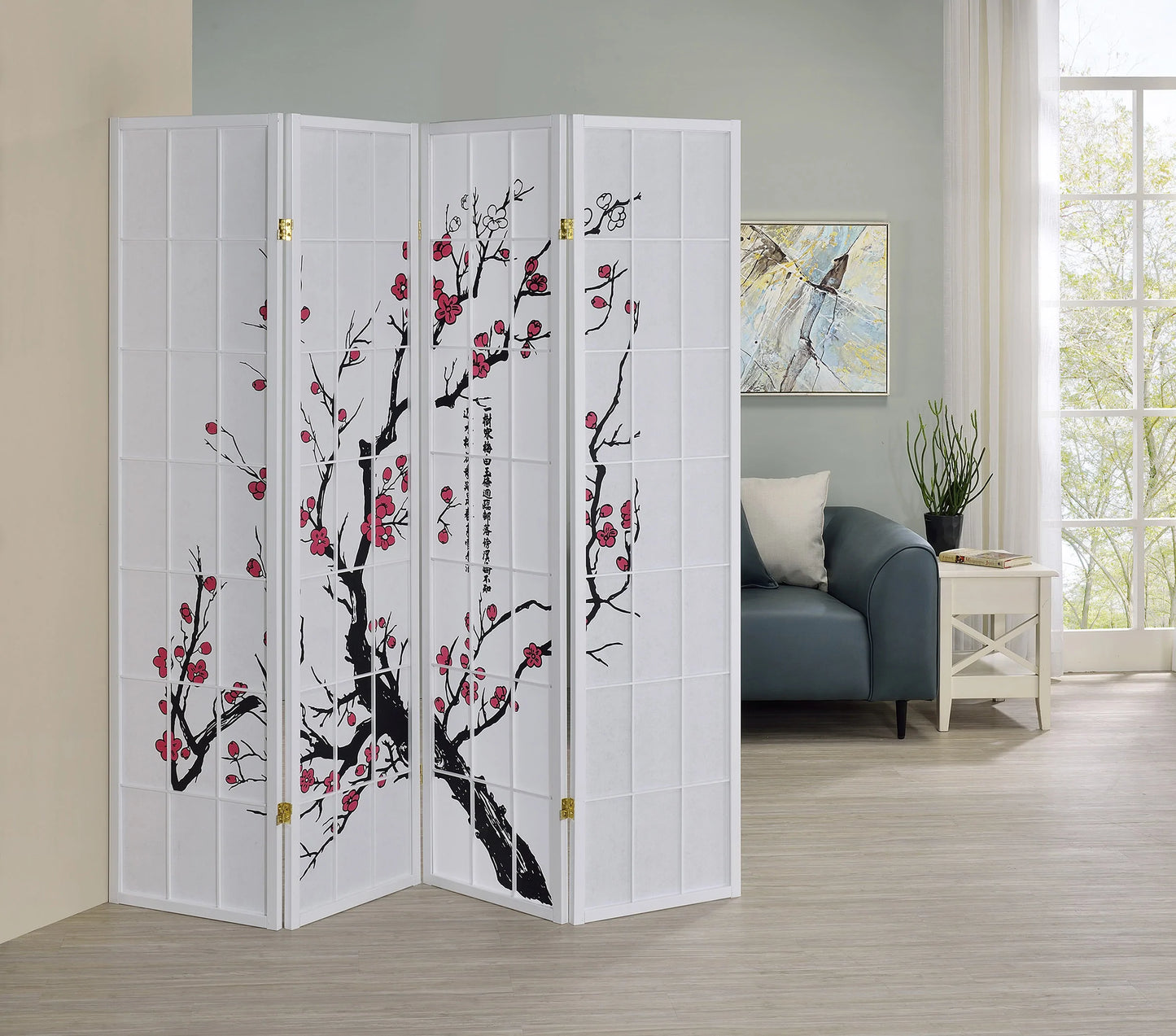 4 Panel Shoji Screen Plum Blossom White - GracePalaceFurniture