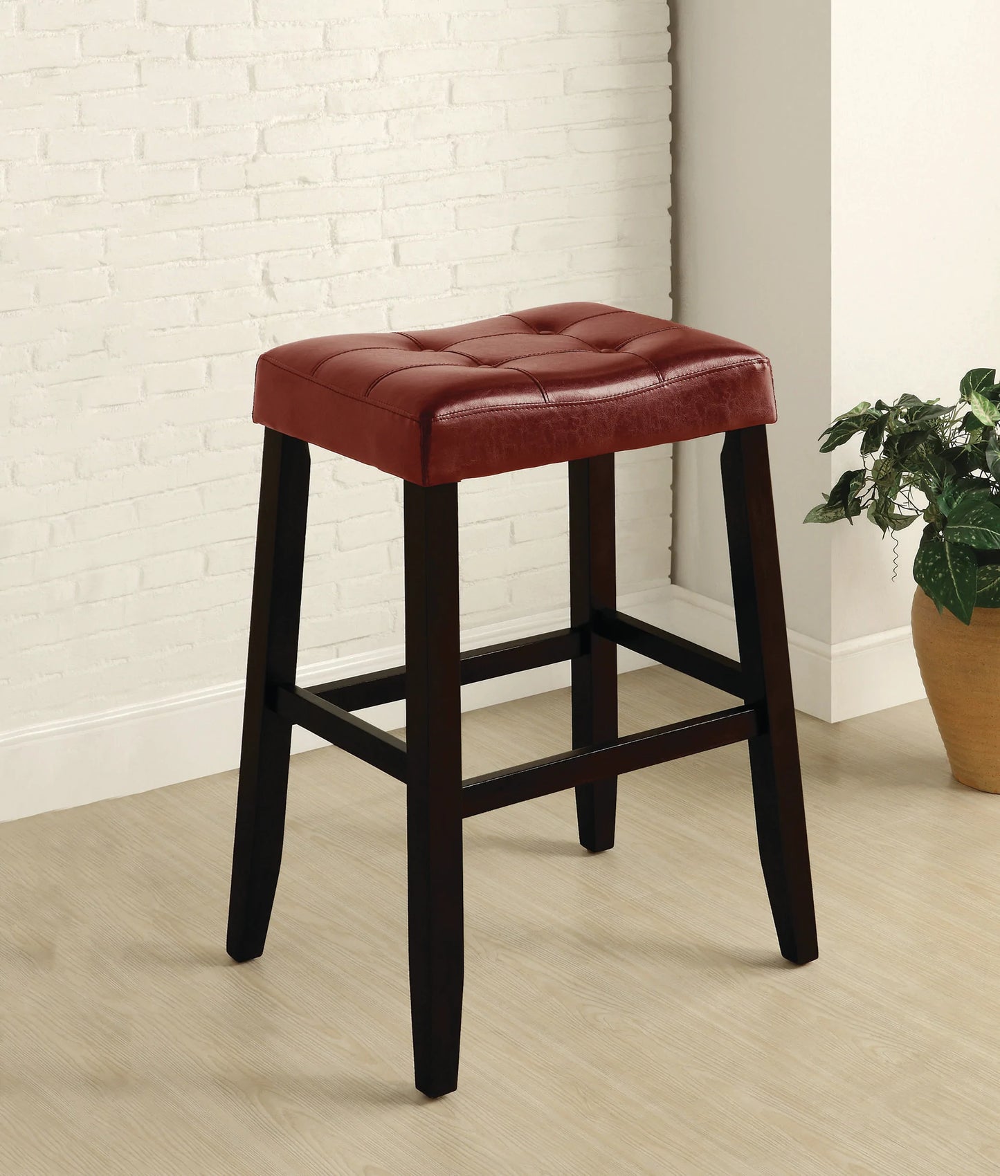 Wooden Stool Red PU Seat 25"H - GracePalaceFurniture