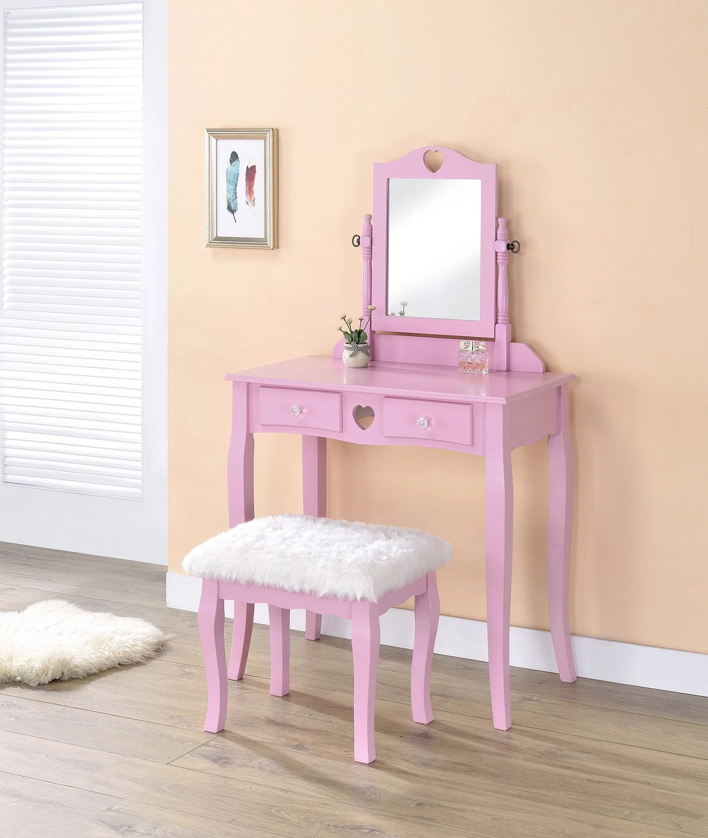 Vanity Set with Heart Design Pink Finish - GracePalaceFurniture