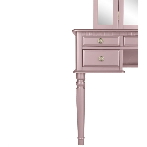 Poundex F4060 Wooden Makeup Vanity Set Desk, Mirror & Stool - Rose Gold
