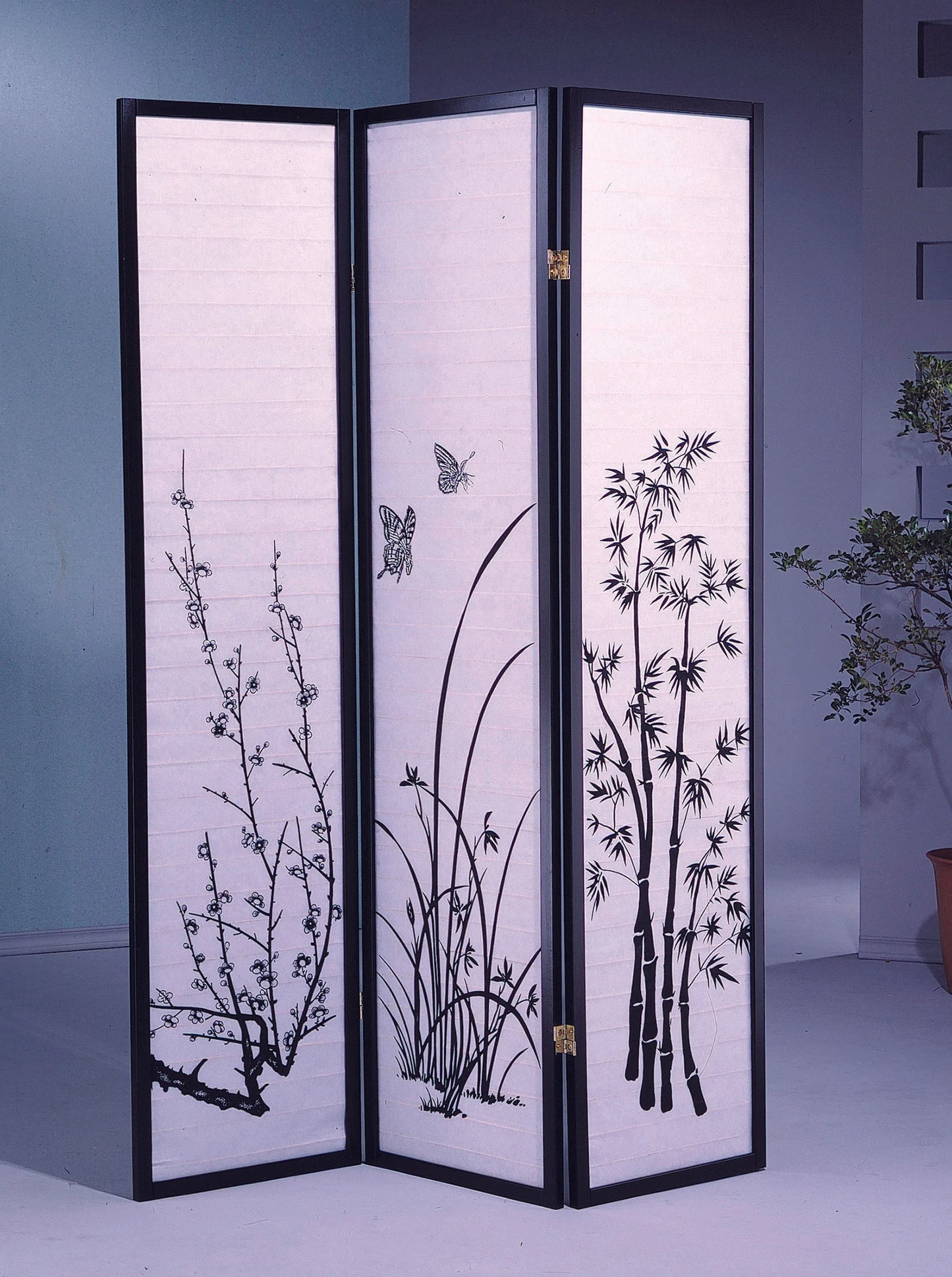 3/4 Panel Shoji Screen Floral Design Black - GracePalaceFurniture
