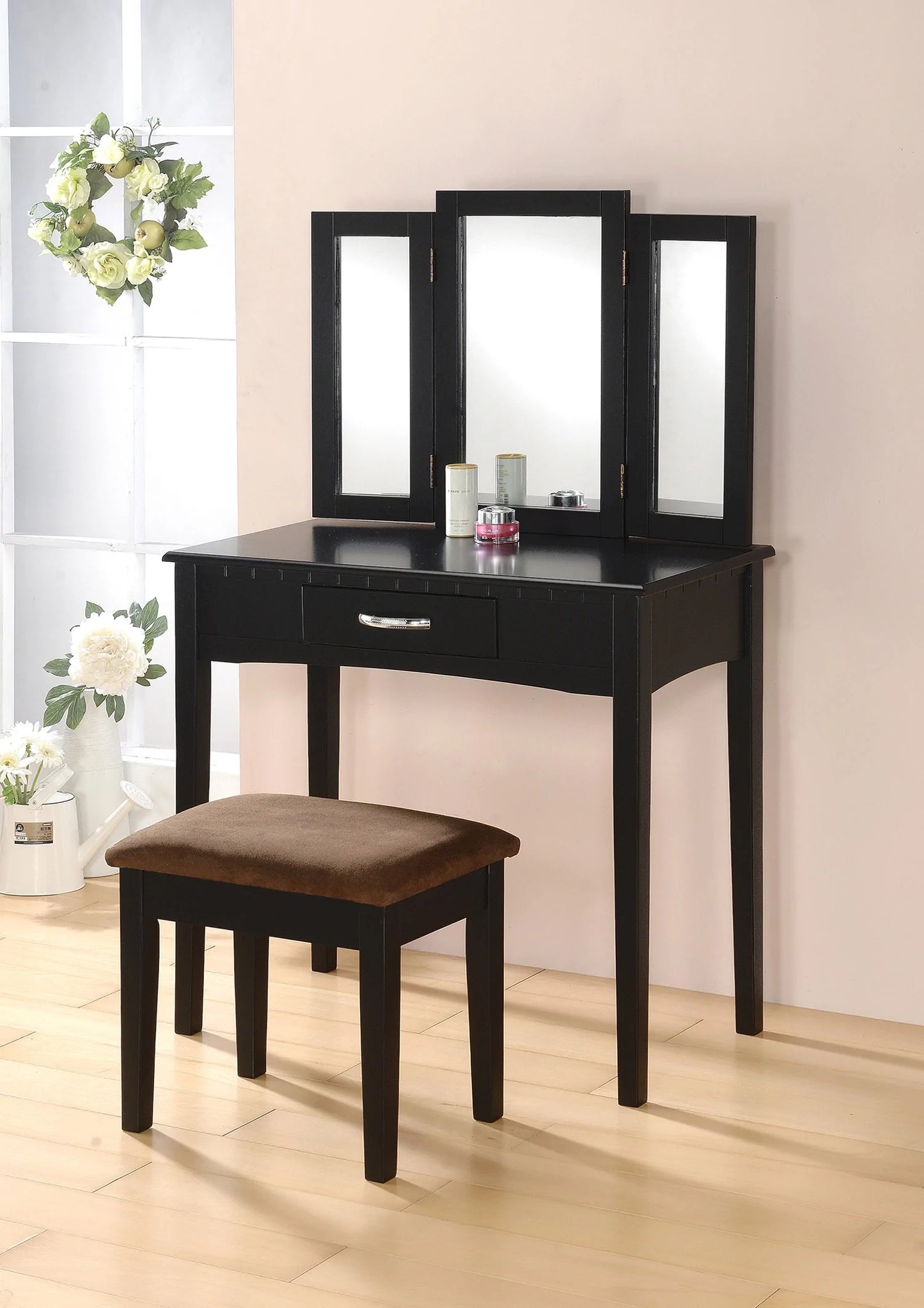 Tri-Mirror Vanity Set Comes in Black, - GracePalaceFurniture