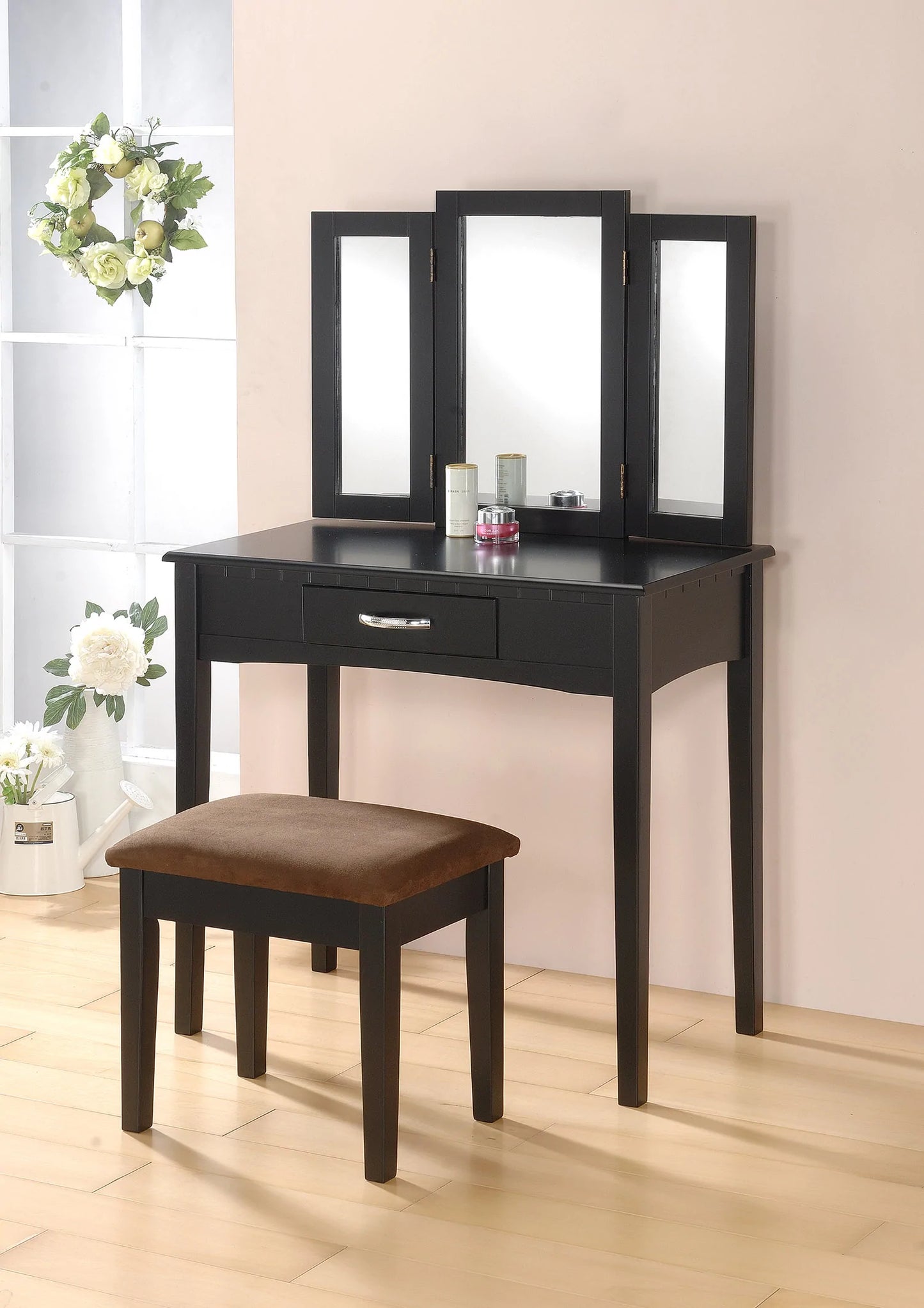 Tri-Mirror Vanity Set Comes in Black, - GracePalaceFurniture
