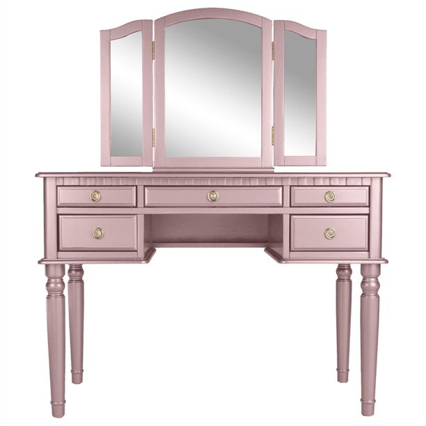Poundex F4060 Wooden Makeup Vanity Set Desk, Mirror & Stool - Rose Gold