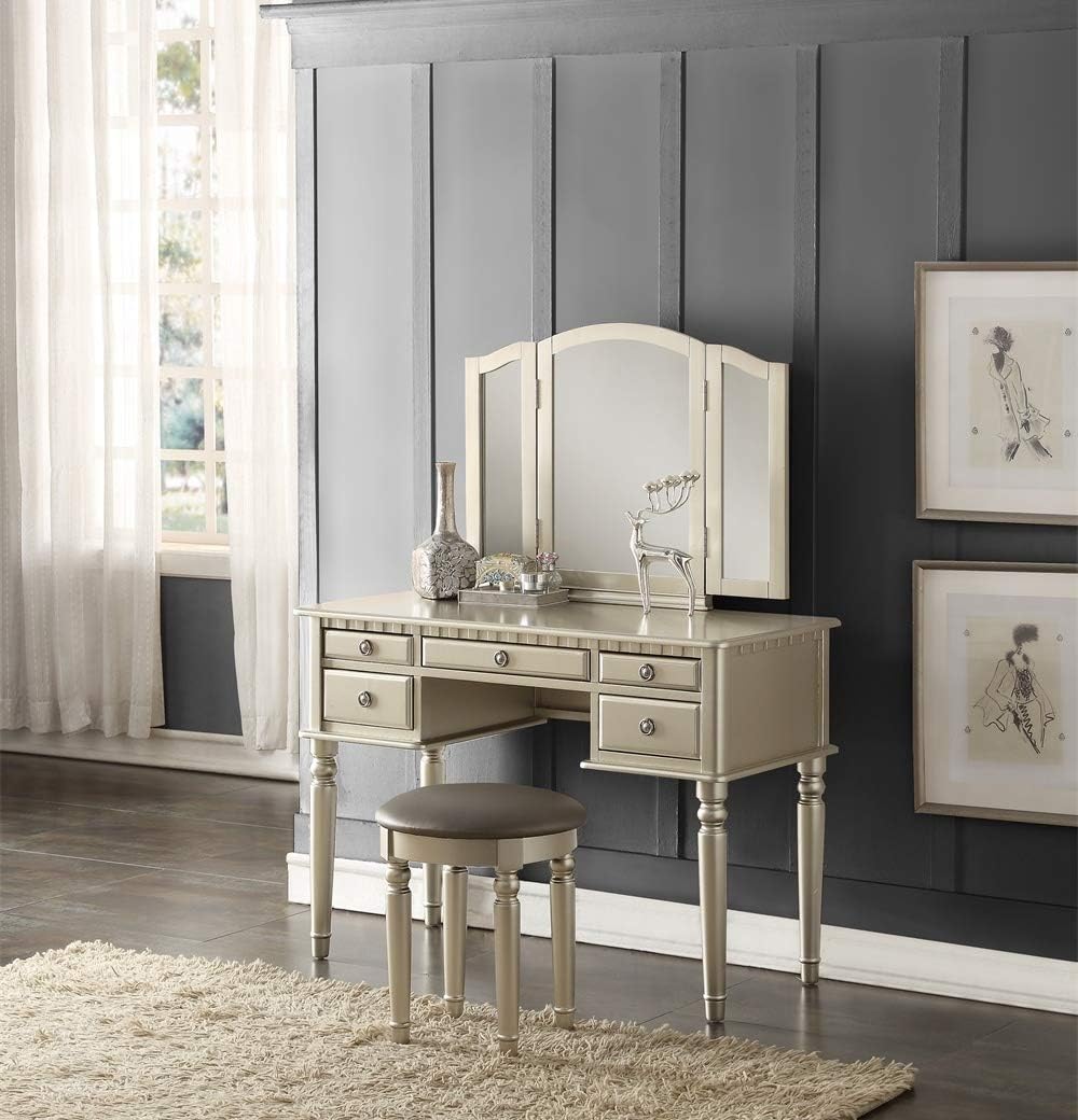 Poundex Vanity Set with Stool, Silver