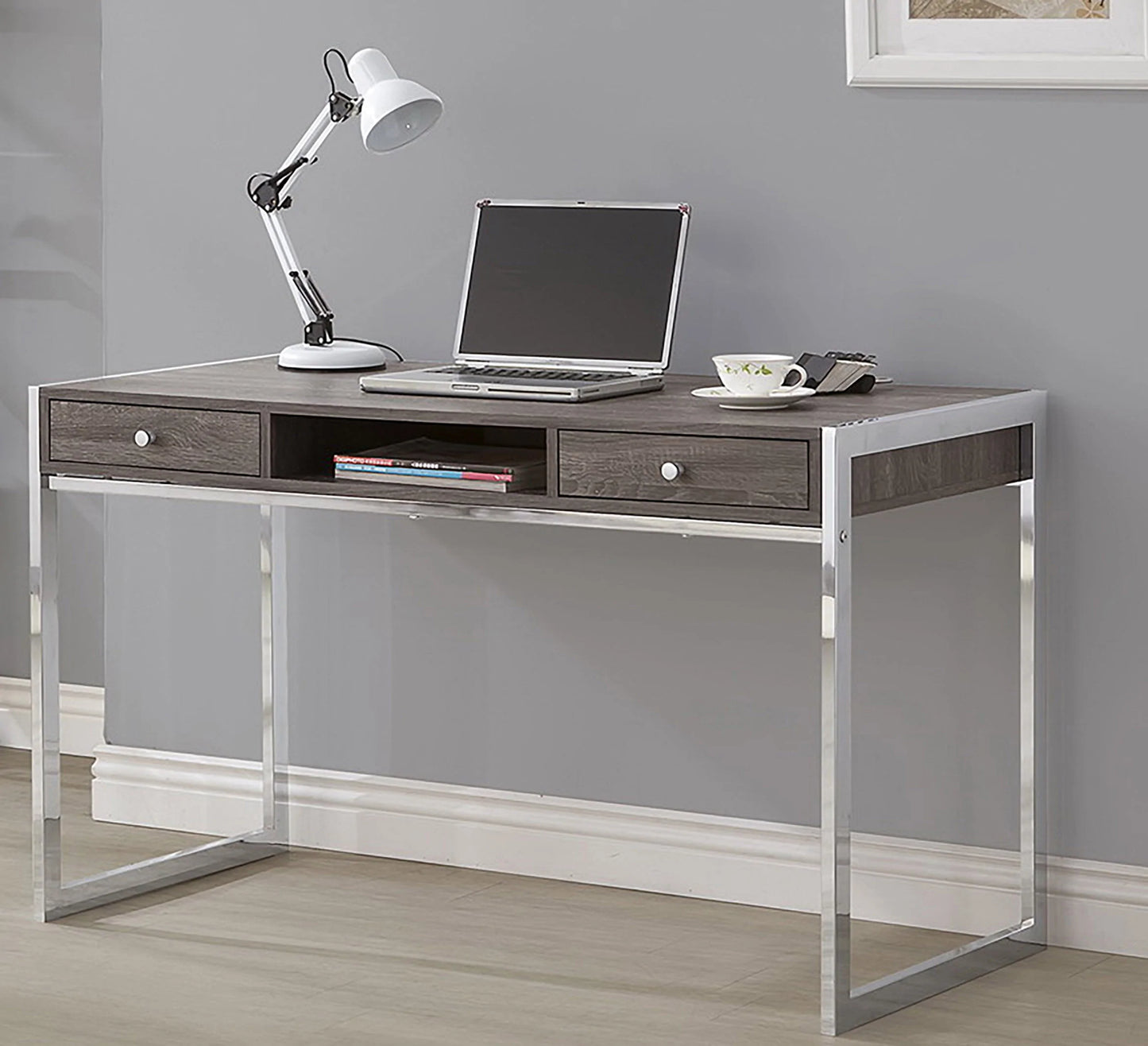 Desk with Chrome Legs Wood Top 2 Drawers - GracePalaceFurniture