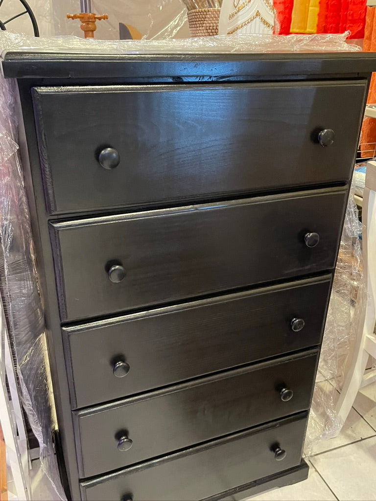 PINE SOLID WOOD CHEST 5 DRAWER - BLACK.