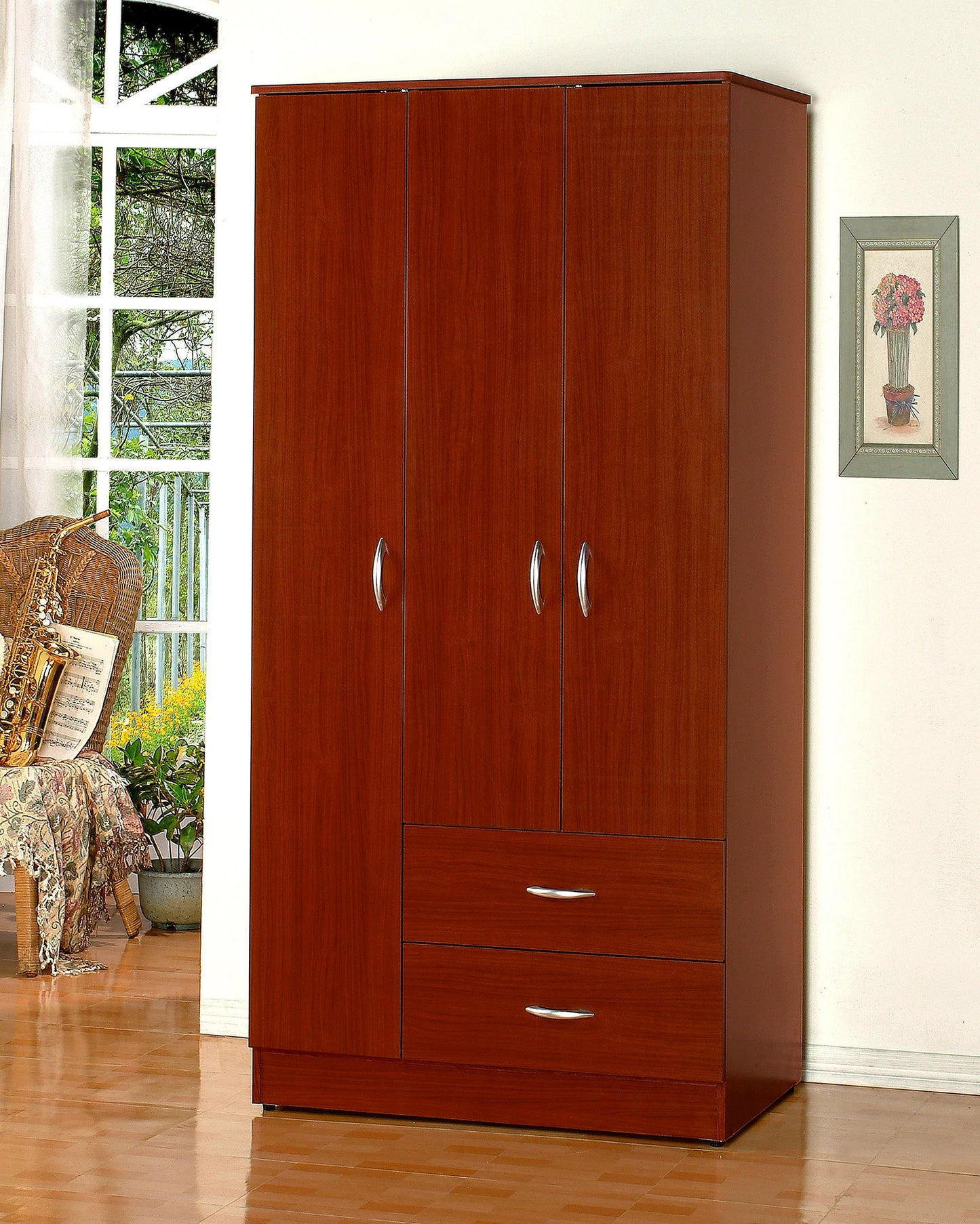 Wood Wardrobe Closet Armoire: 3 Doors, 2 Drawers - GracePalaceFurniture