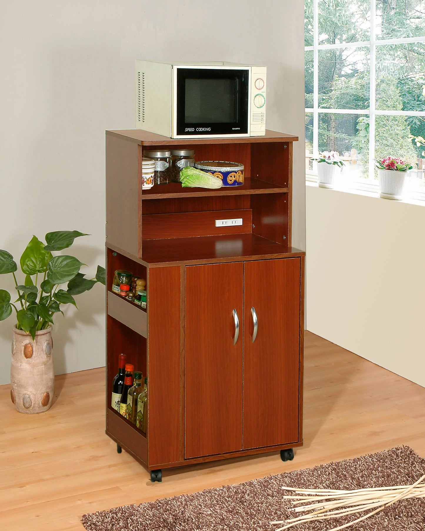Kitchen Microwave Rack with Electric Socket Cherry Finish - GracePalaceFurniture