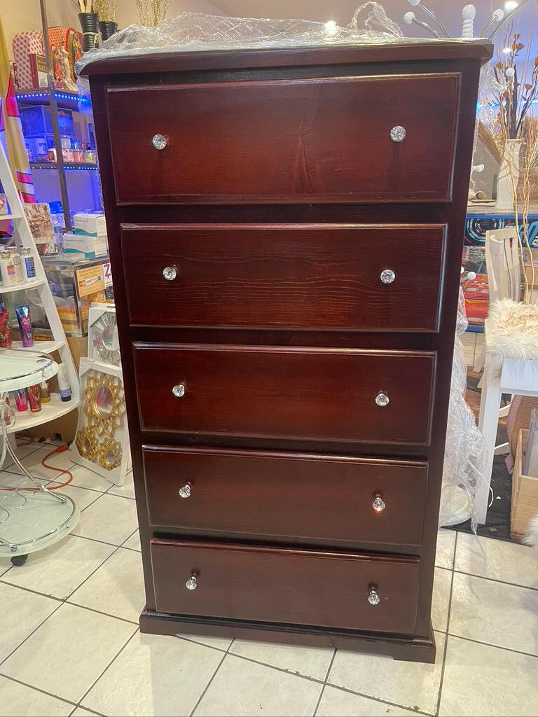 PINE SOLID WOOD CHEST 5 DRAWER WITH CRYSTAL KNOBS - CHERRY.