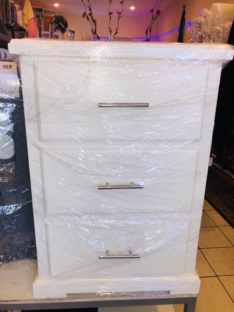 Pine Wood Night Strand With 3 Drawers - White W/ Stainless steel Handles.