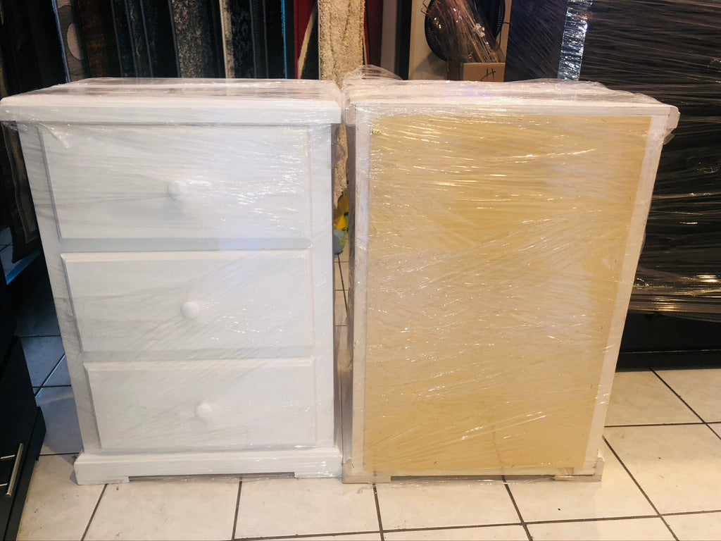 Pine Wood Night Strand With 3 Drawers - White.