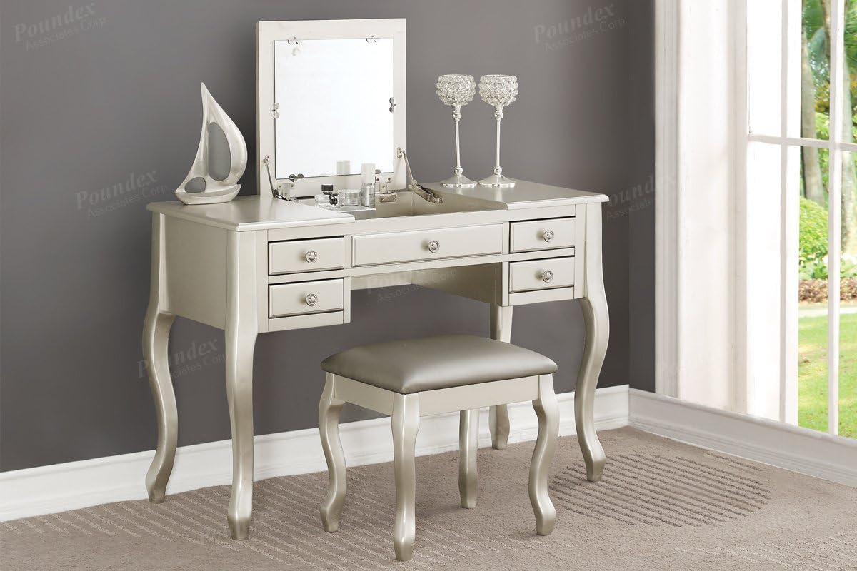 Poundex F4145 Flip Up Mirror vanity Set with Stool in Silver