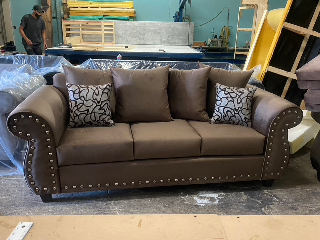 Coffee Brown Sofa & Love Seat Set With Stainless Steel Studs.