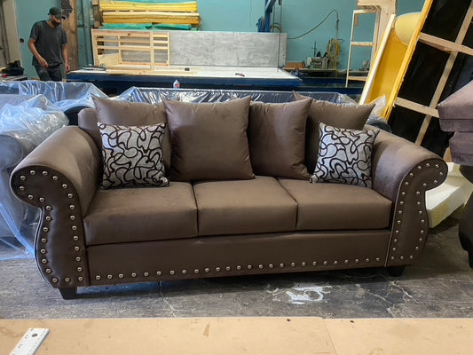 Coffee Brown Sofa & Love Seat Set With Stainless Steel Studs.