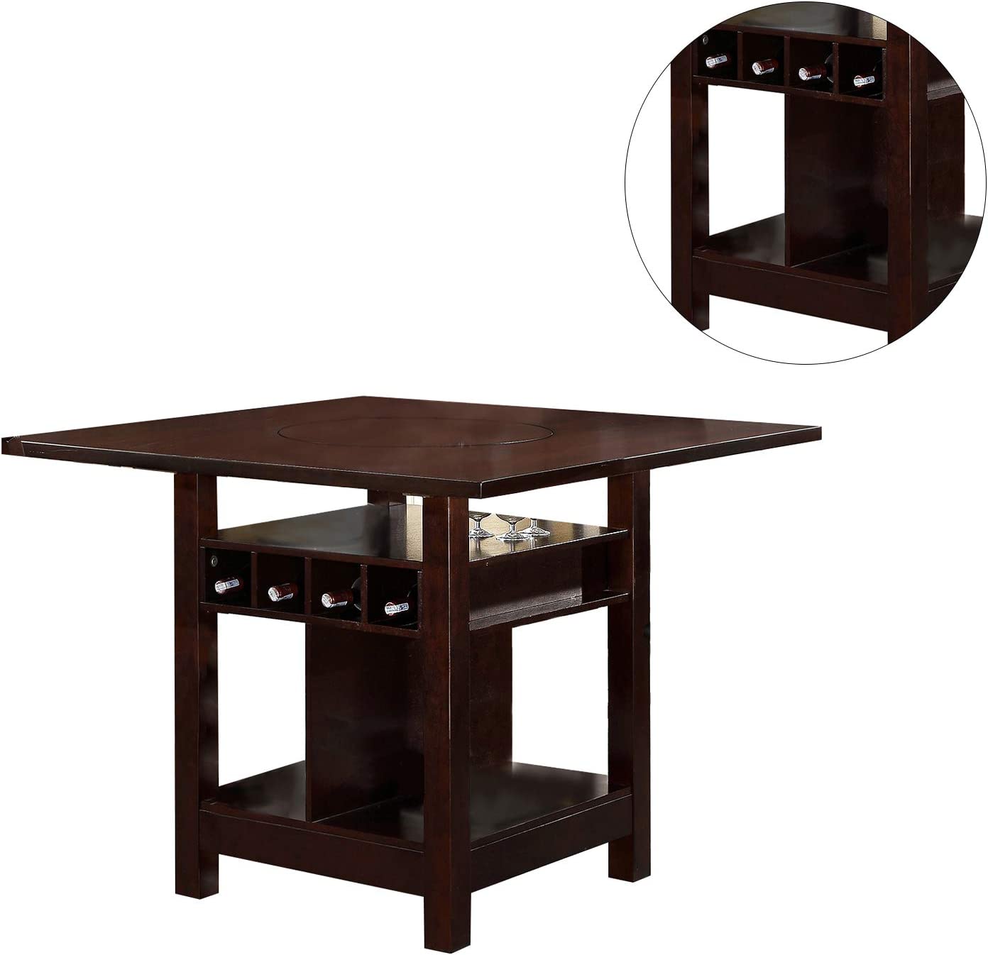 Poundex Counter Height Table with Wine Storage and Shelves in Dark Rosy 5pc set Brown Finish.