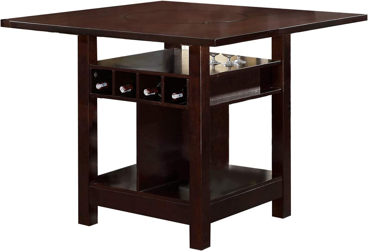 Poundex Counter Height Table with Wine Storage and Shelves in Dark Rosy 5pc set Brown Finish.