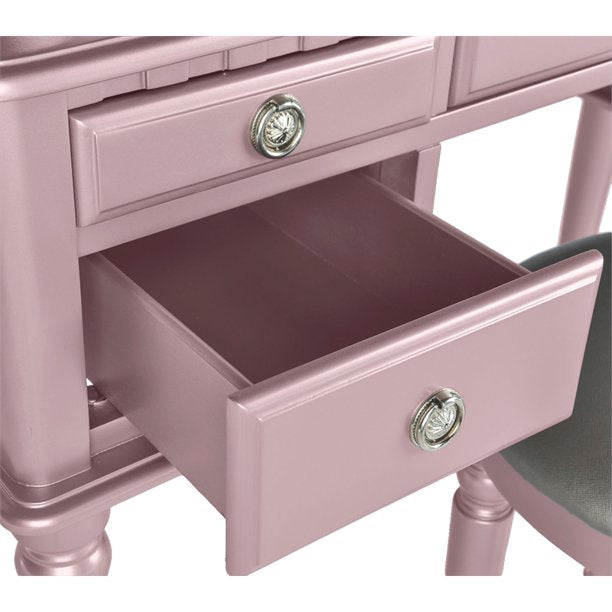 Poundex F4060 Wooden Makeup Vanity Set Desk, Mirror & Stool - Rose Gold