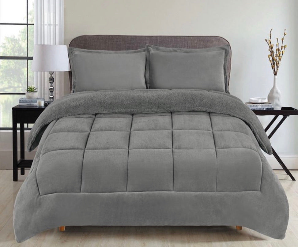 Fleece Blanket, 3- Pieces Sherpa Blanket - Super Soft Warm, Korean Style Reversible Printed Winter Borrego Blanket (Solid Color - Grey, King(79"x91")).