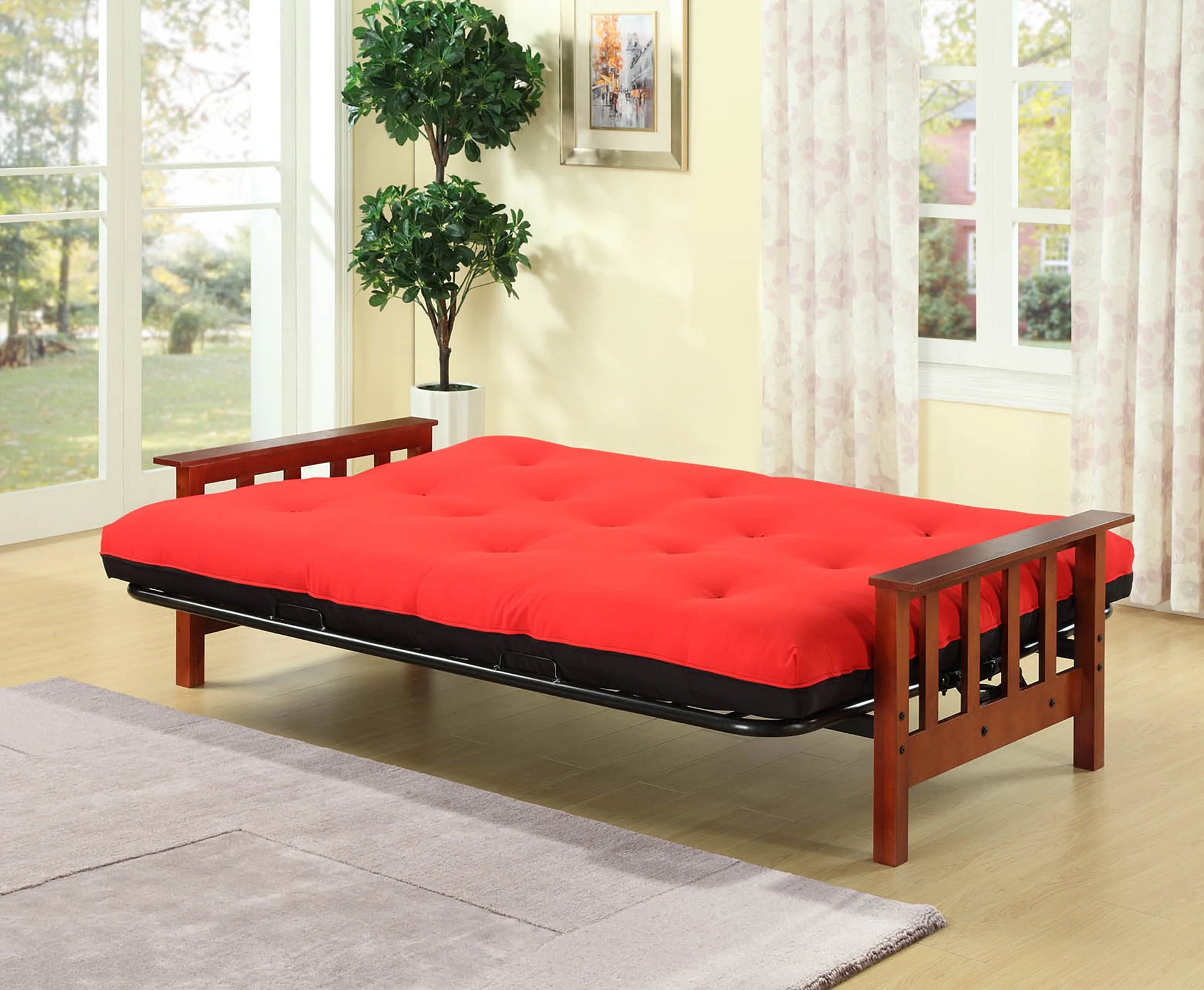 Metal Futon Frame Wooden Arms in Cherry Finish - GracePalaceFurniture