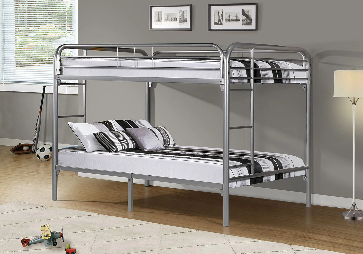 Full/Full Metal Bunk Bed Silver Color Finish - GracePalaceFurniture