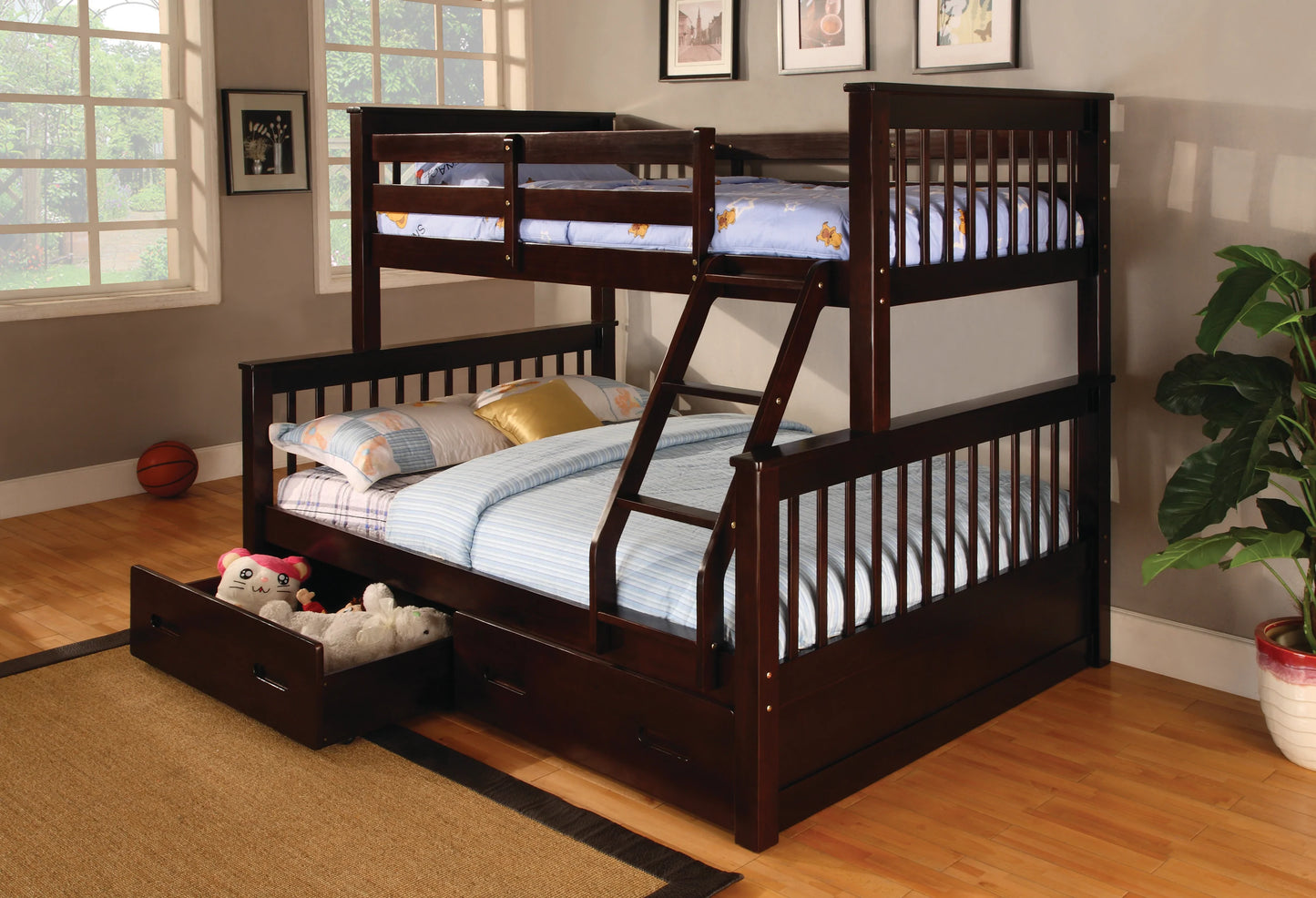 Twin / Full Bunk Bed Espresso Finish - GracePalaceFurniture